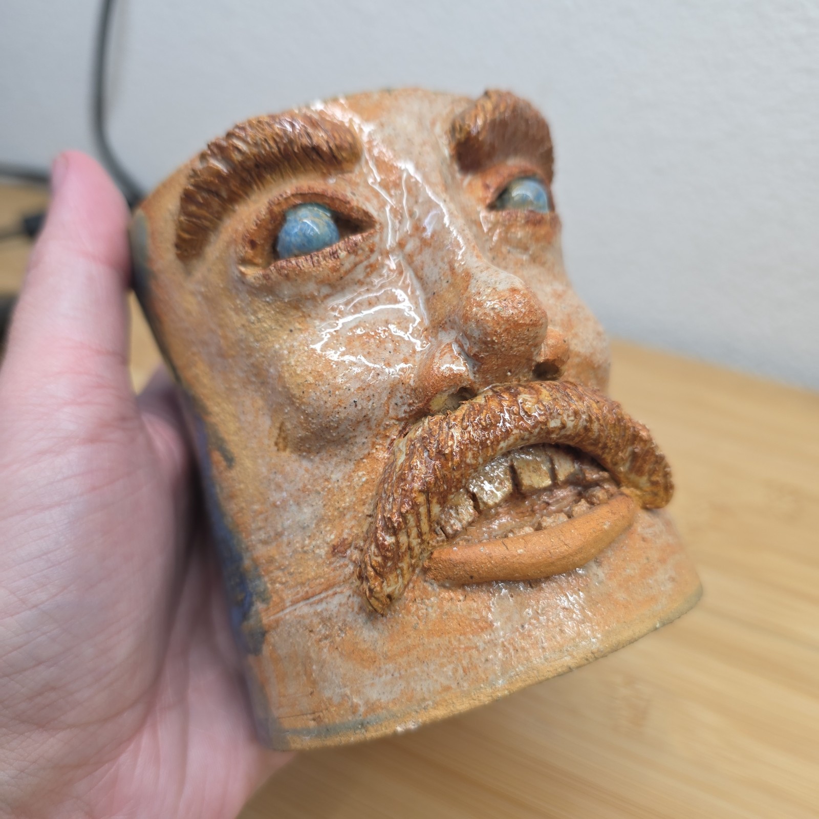 Hand Made Studio Art Pottery Unique Folk Art Man W/Mustache Face Mug Ugly