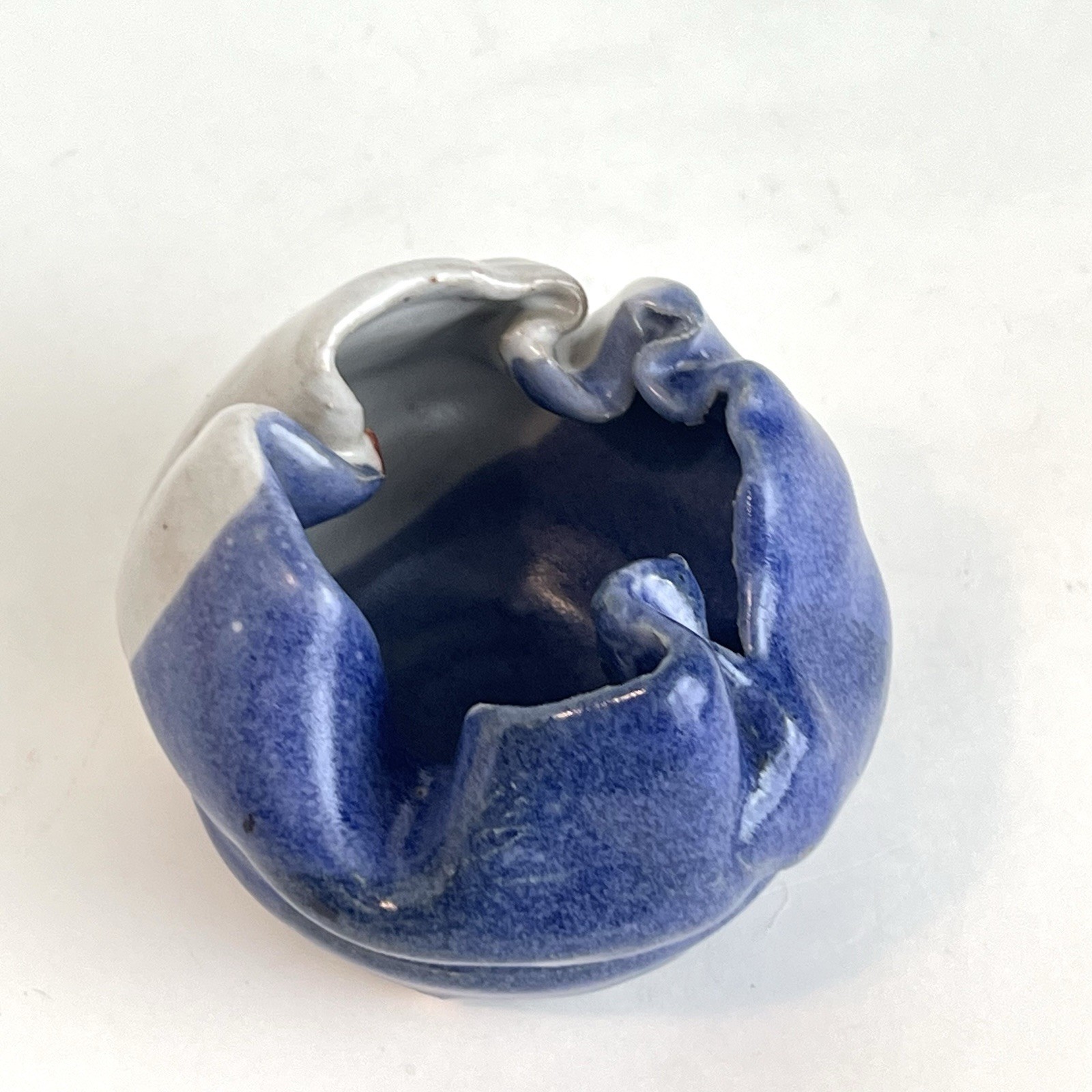 Ruffled Asymmetrical Edge Mini Art Pottery Bowl Hand Thrown Blue Gray Signed A T