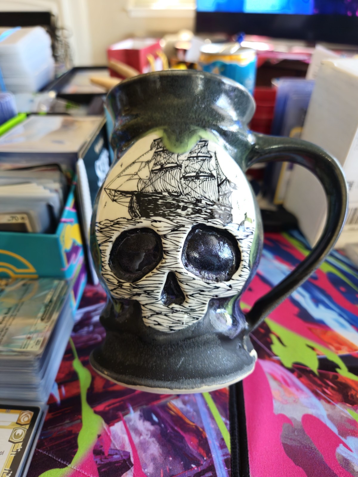 Scrimshaw Pottery Art Pottery Skull Ship Mug 16 oz Glossy Handle Black