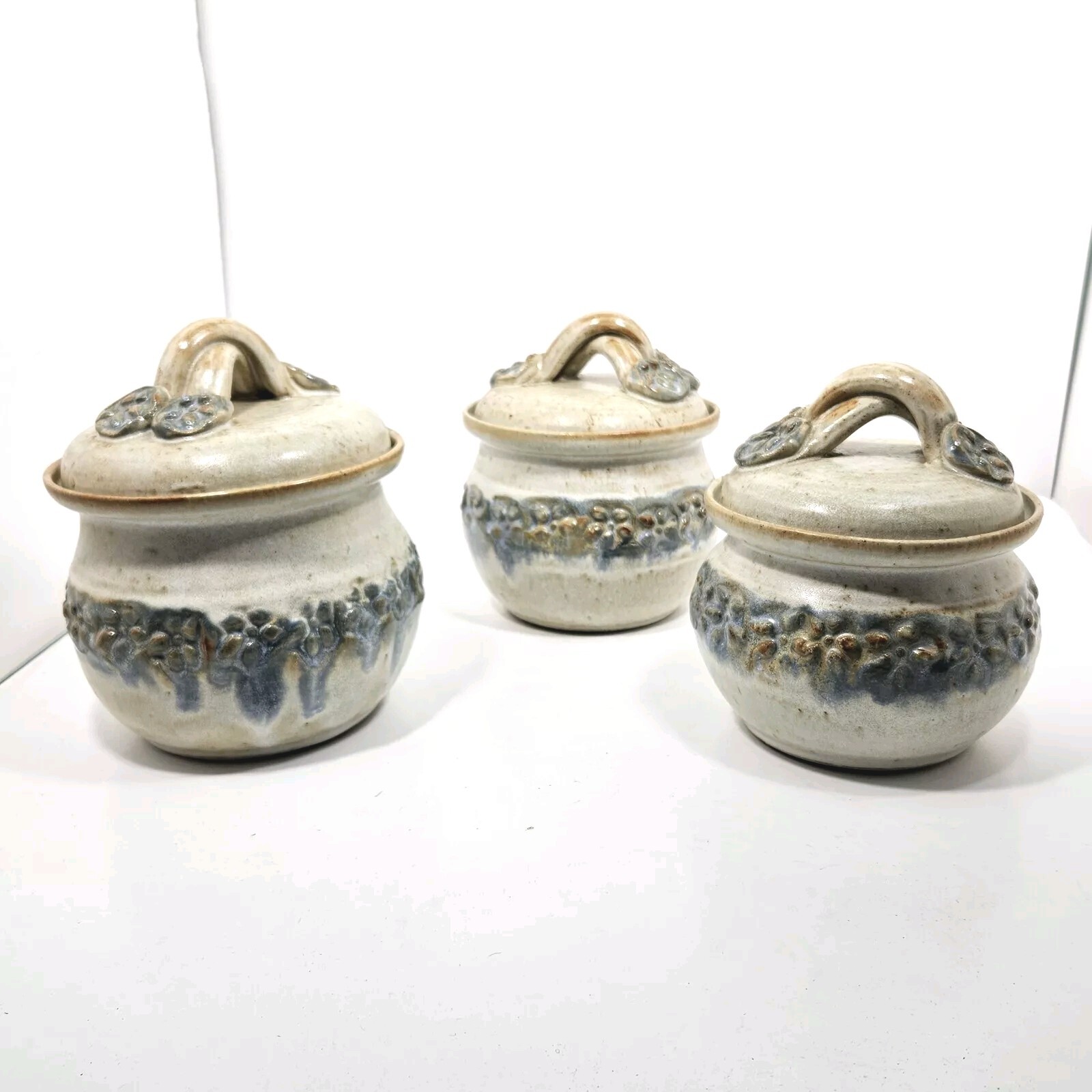 Handmade Studio Art Pottery Kitchen Canister Jar Set Of 3 Blue Gray Tan Windsor