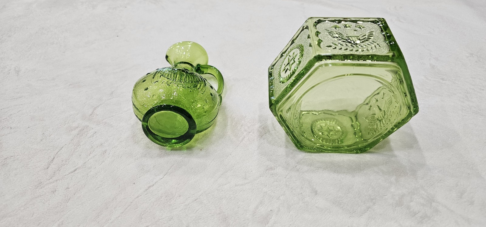 Green Pressed Glass Hexagon Bowl with Floral Pattern, Colonial Theme Glassware
