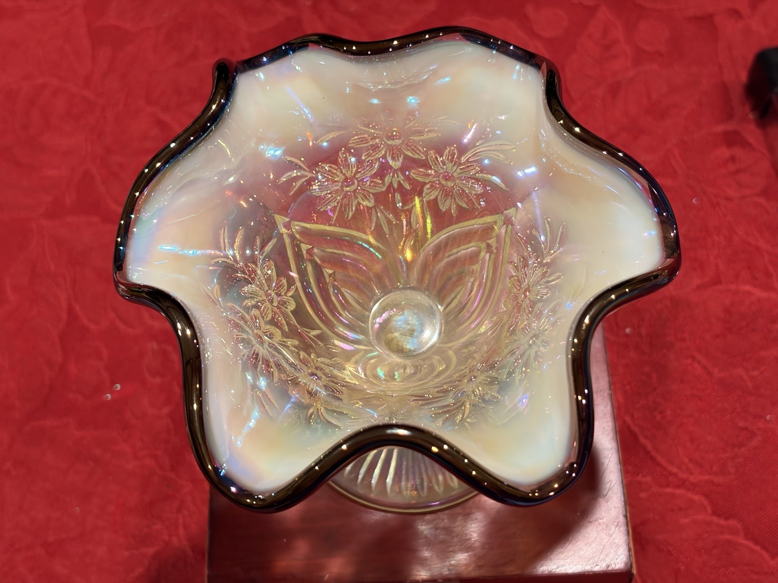 Fenton Topaz Vaseline Uranium Glass Daisy Feather Compote Black Crest Ex Cond