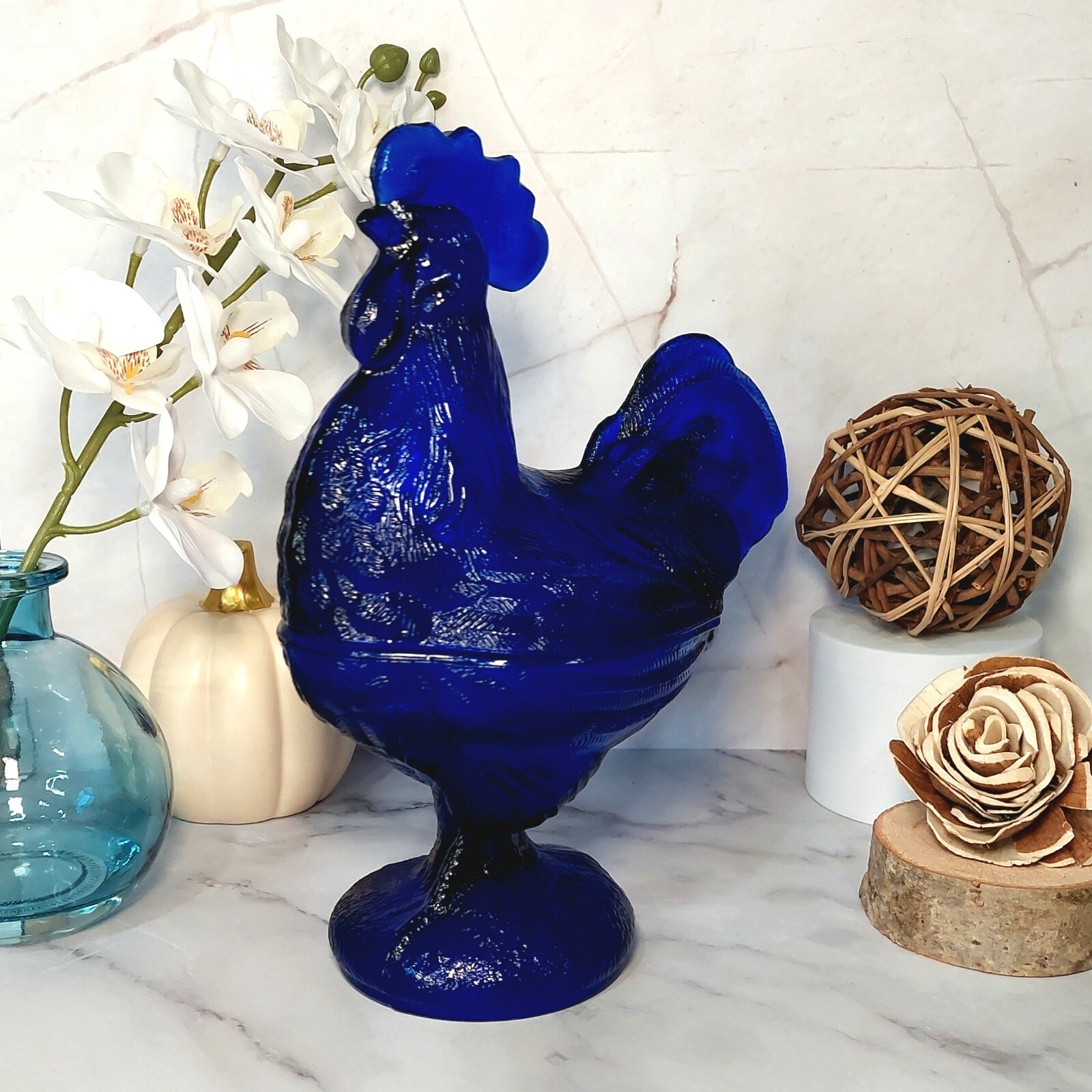 Cobalt Blue Glass Depression Style Rooster Chicken Candy Dish, Hen on Nest, Bowl