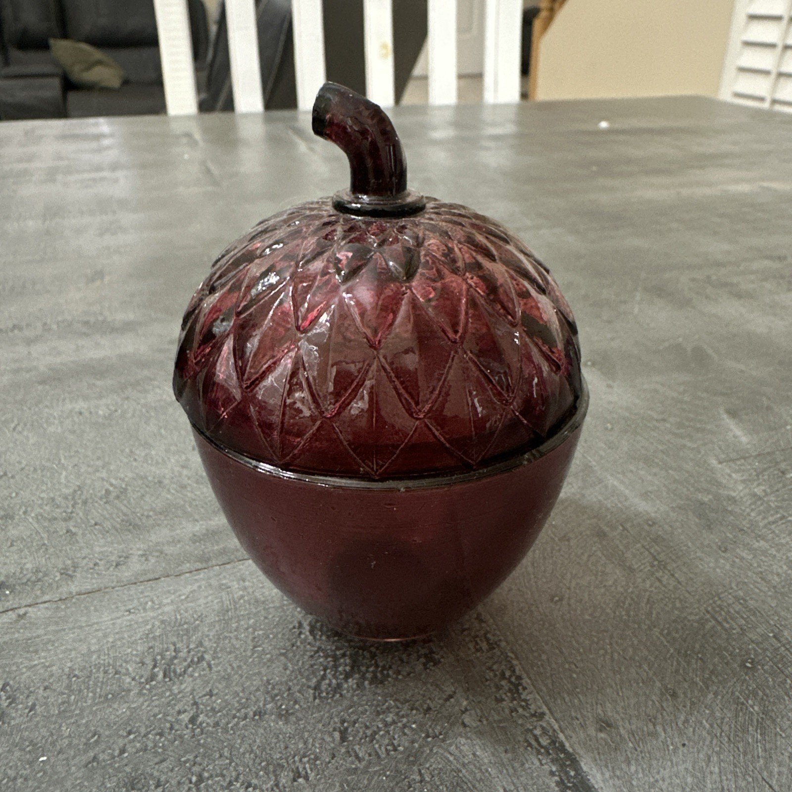 Vintage 4.5” Amethyst Glass Acorn Candy Dish Jar With Lid