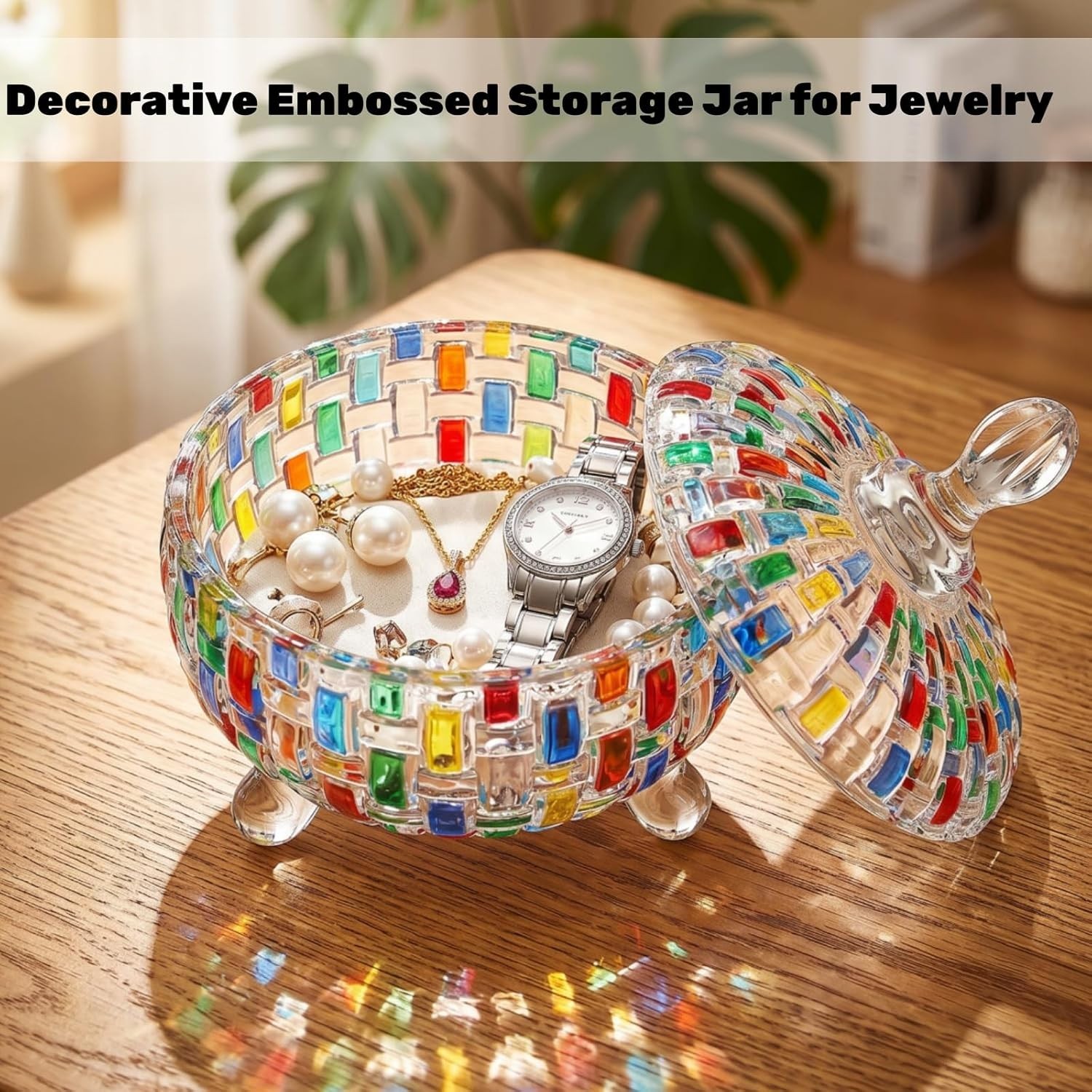 24 OZ Large Glass Candy Dish with Lid, Vintage Colorful Crystal Candy Bowl, D…