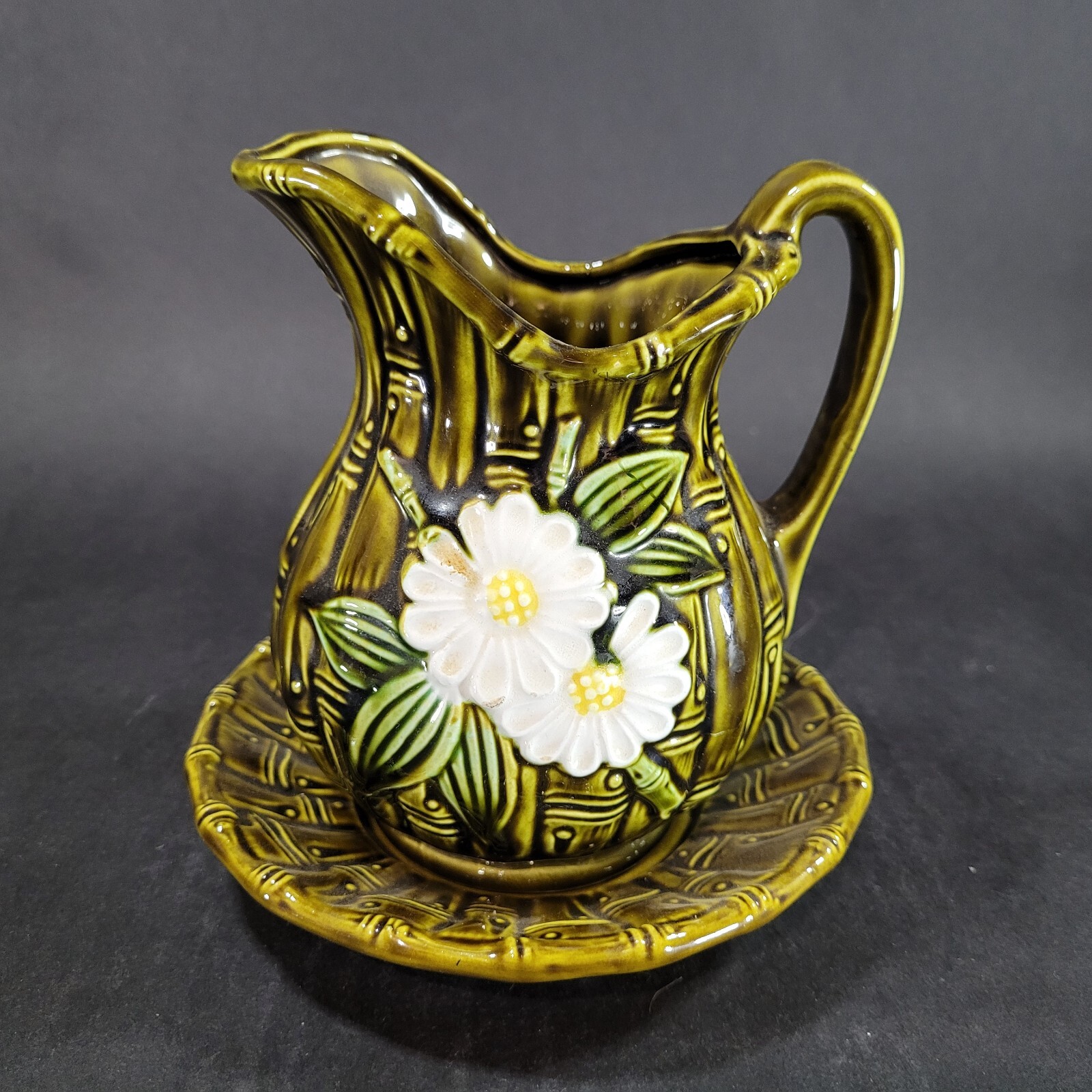 Vintage Japan Green Bamboo and White Daisy Pitcher Creamer and Under Plate