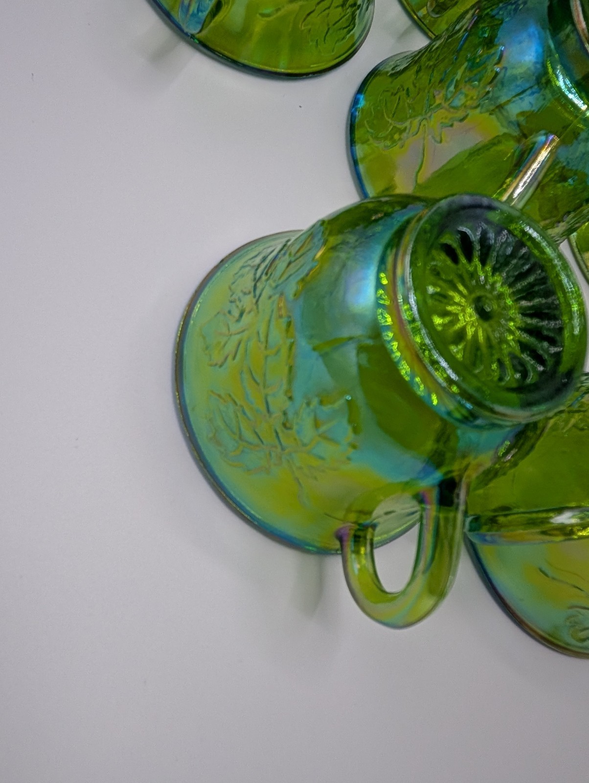 Vintage Indiana Carnival Glass Iridescent Green Punch Bowl Set With 12 Cups