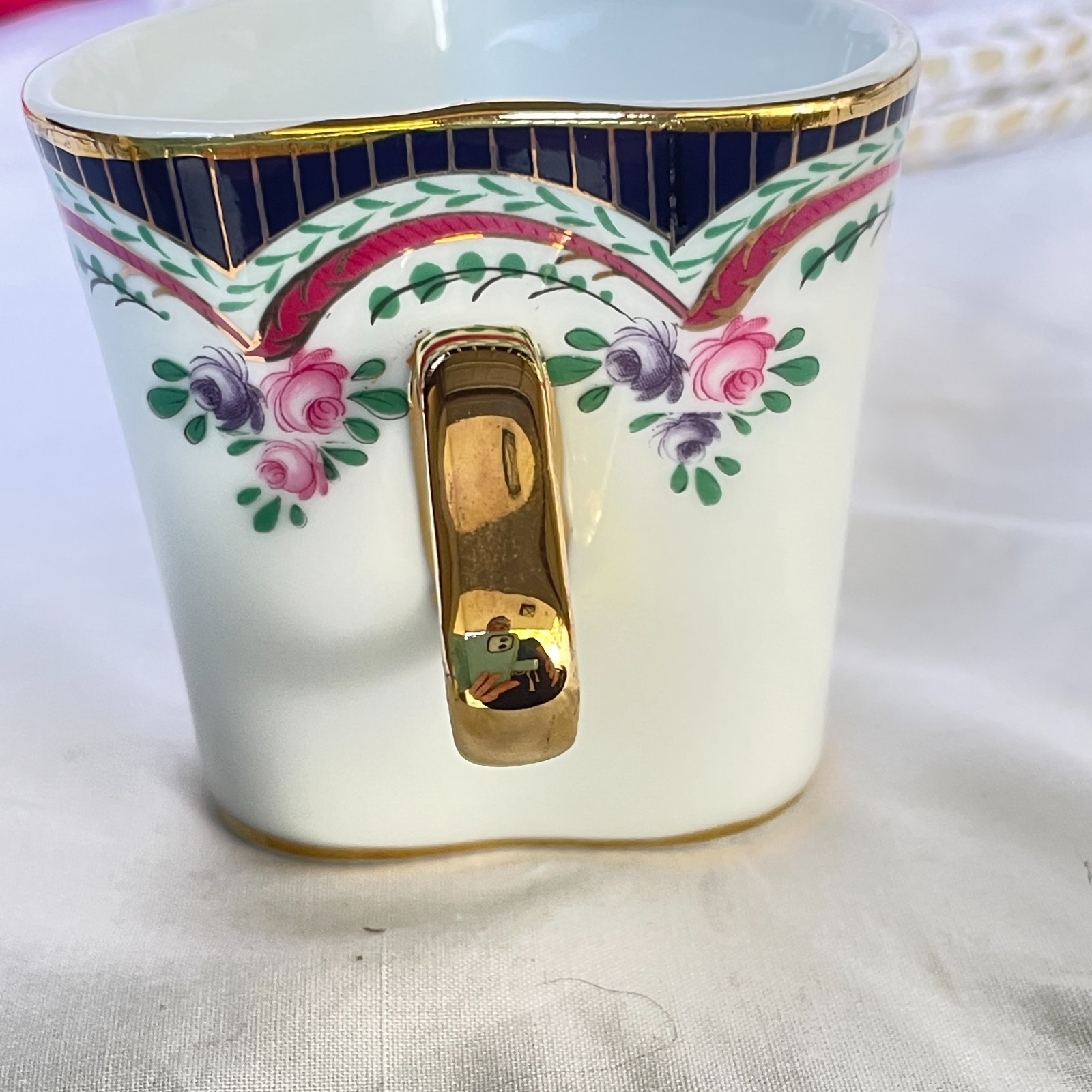 Vintage China Heart Shaped Coffee Cup & Saucer Cobalt Rim Rose Swags Gold Handle