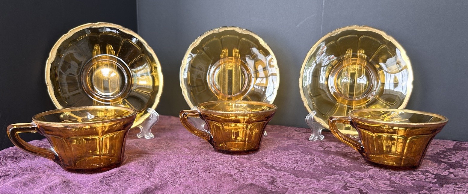 Depression Glass Diamond Glass VICTORY Design Amber Gold Trim Cup & Saucer 3 Set
