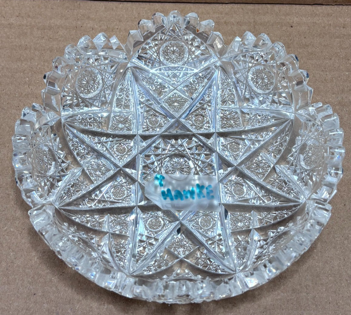 Signed Hawkes American Brilliant Cut Crystal Bowl 6.5″ Starburst ABP Dish