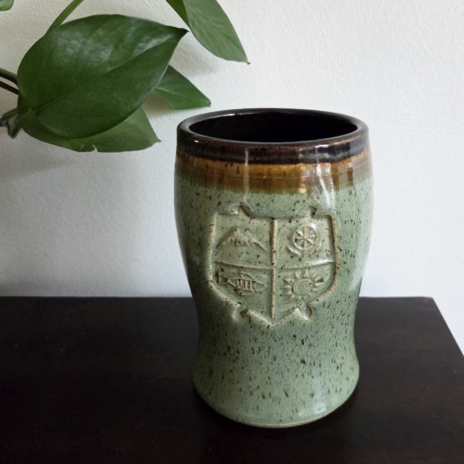 Moza Studio Pottery Mug Artist Theresa Murray Hand Stamped Nature Theme 5″ Tall