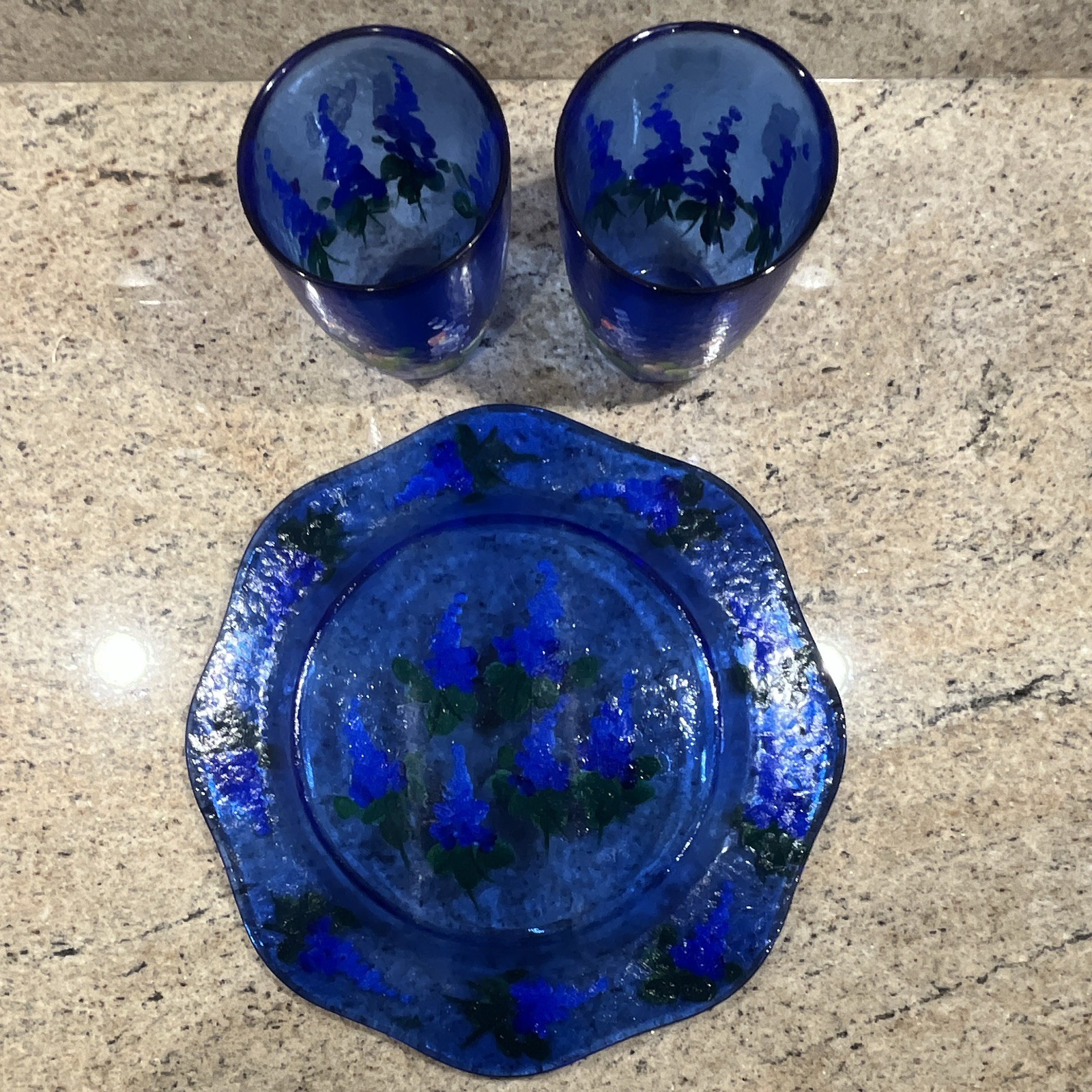 Blue Floral Octagonal Glass Decorative Plate, Glossy Finish, Green Purple