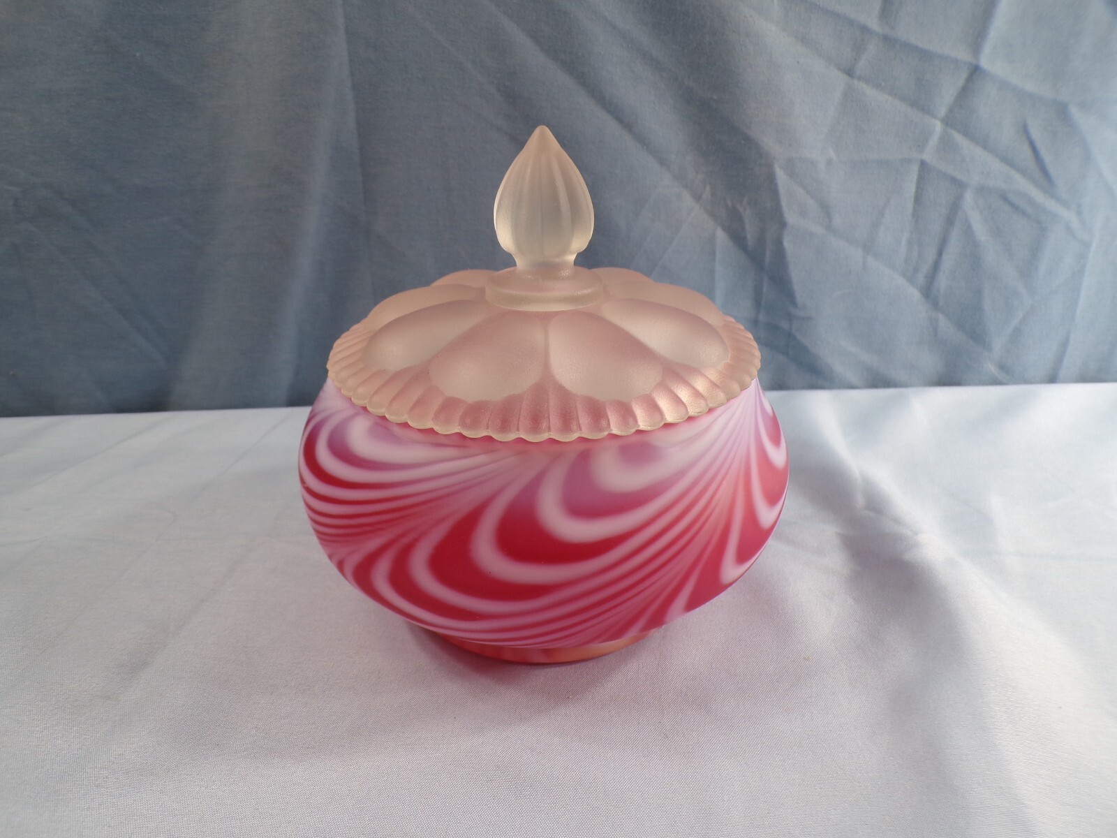 Fenton Cranberry Satin Glass Swirled Feather Candy Jar (Not Smaller Puff Box)