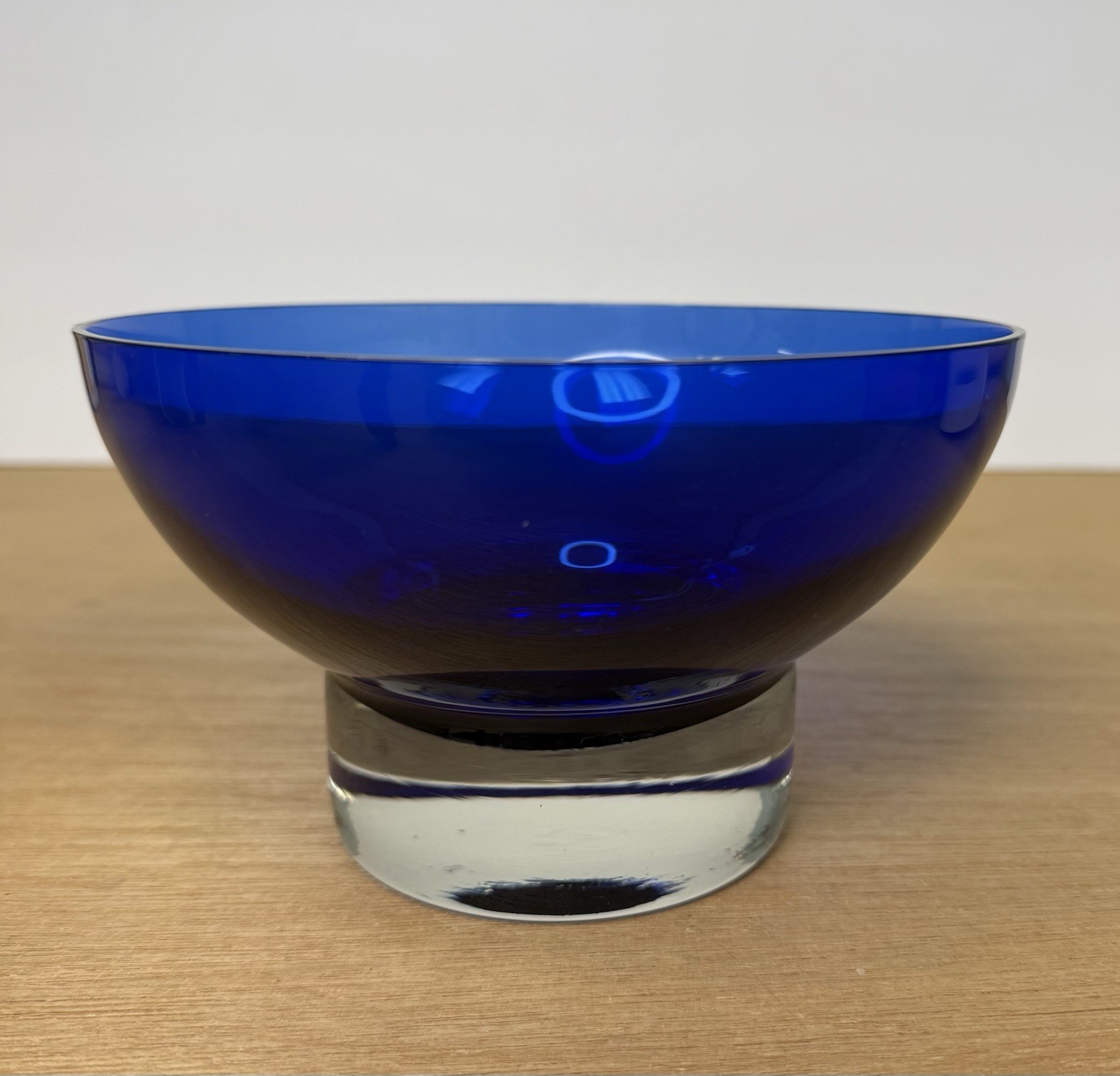 Vintage Hand Blown Clear To Cobalt Blue Glass Art Bowl 6.5” MCM