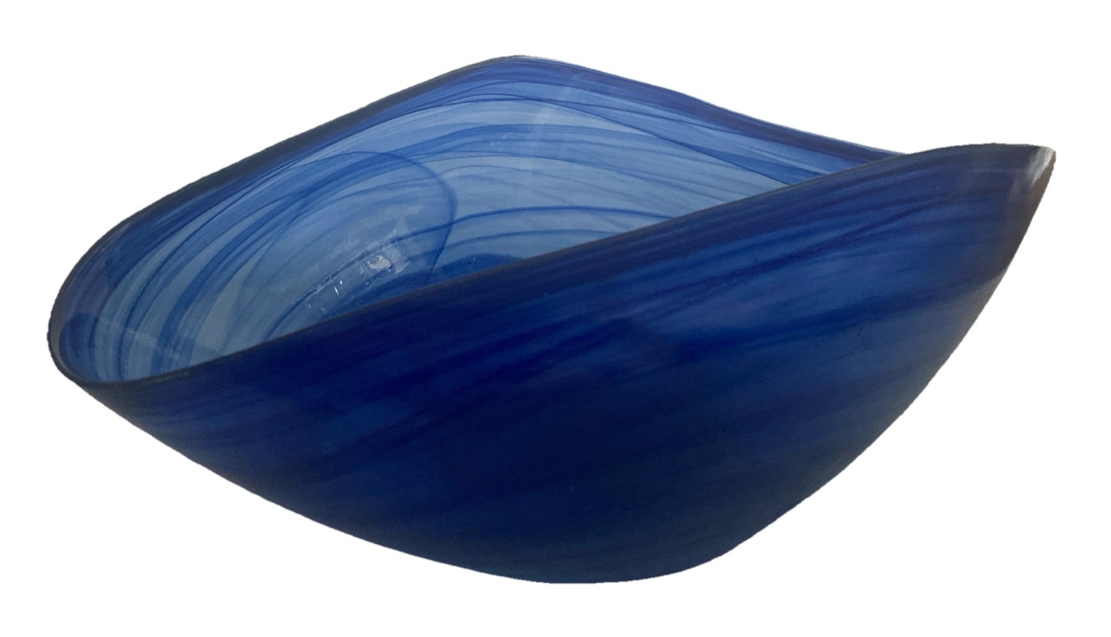 Murano Style Art Glass Cobalt Blue Swirl Asymmetrical Bowl 13 5/8″ Long