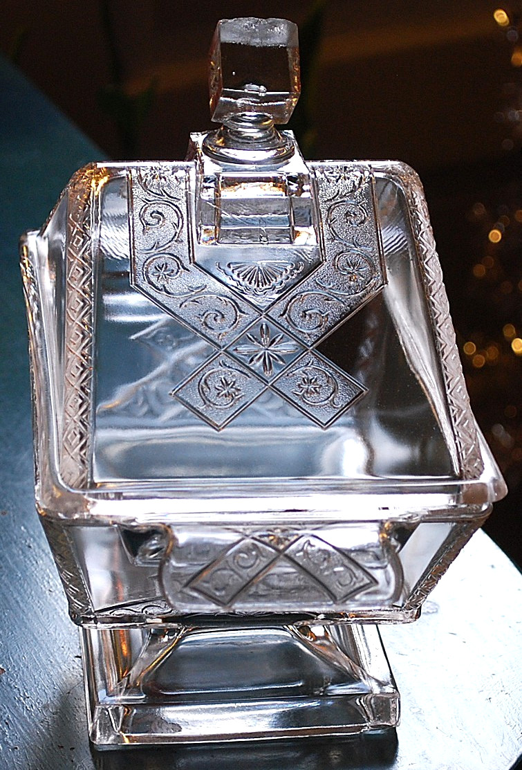 RARE Antique RIVERSIDE JERSEY LILY Pressed Glass FOOTED COMPOTE W LID 1883 10.5″
