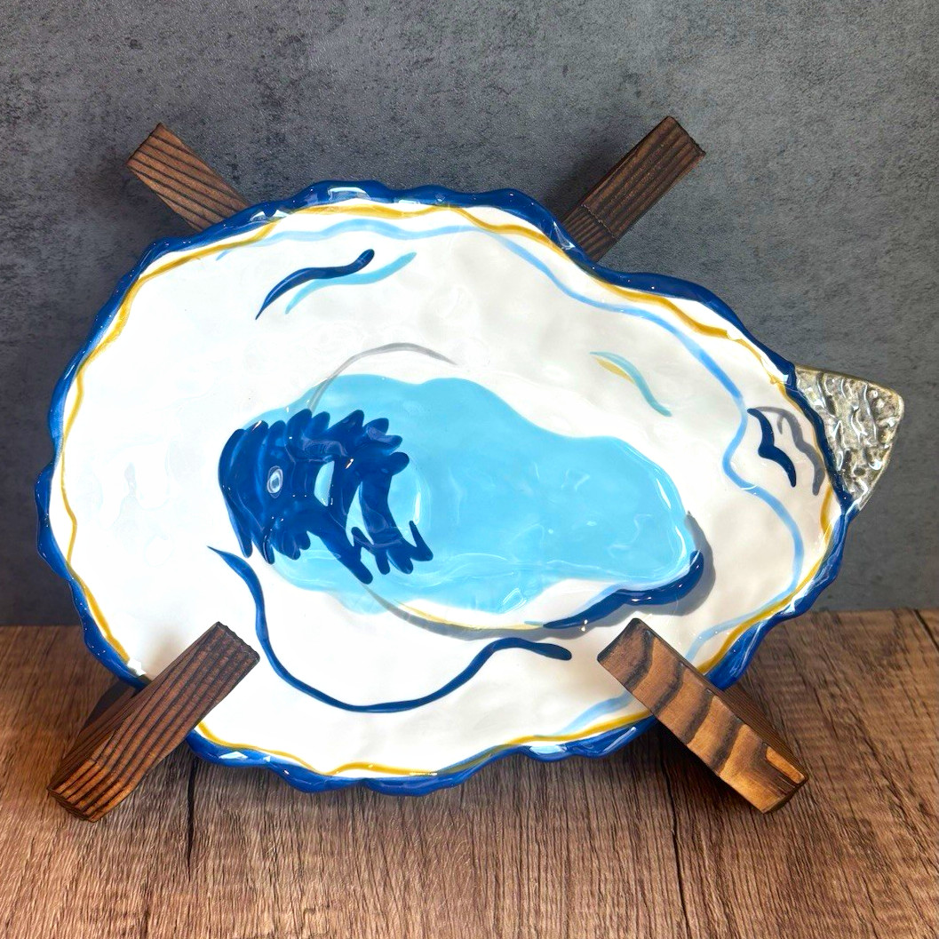 Coton Colors Oyster Plate, Hand Painted, White/Blue/Gray 7in