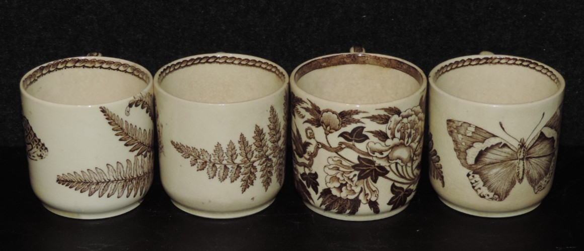 ANTIQUE WEDGWOOD BROWN TRANSFER AESTHETIC BOTANICAL DEMITASSE CUPS & SAUCERS