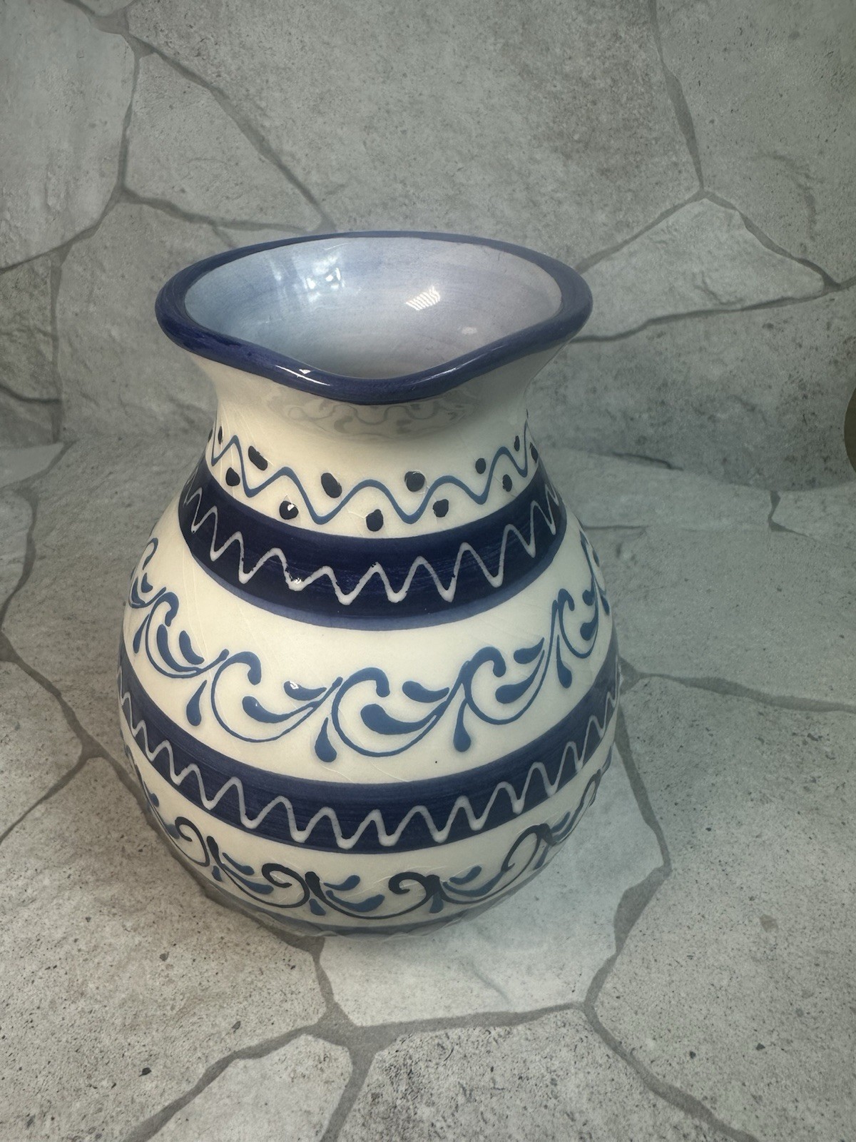 Vintage Blue and White Ceramic Decorative vase with Handle, signed Pedraza Spain