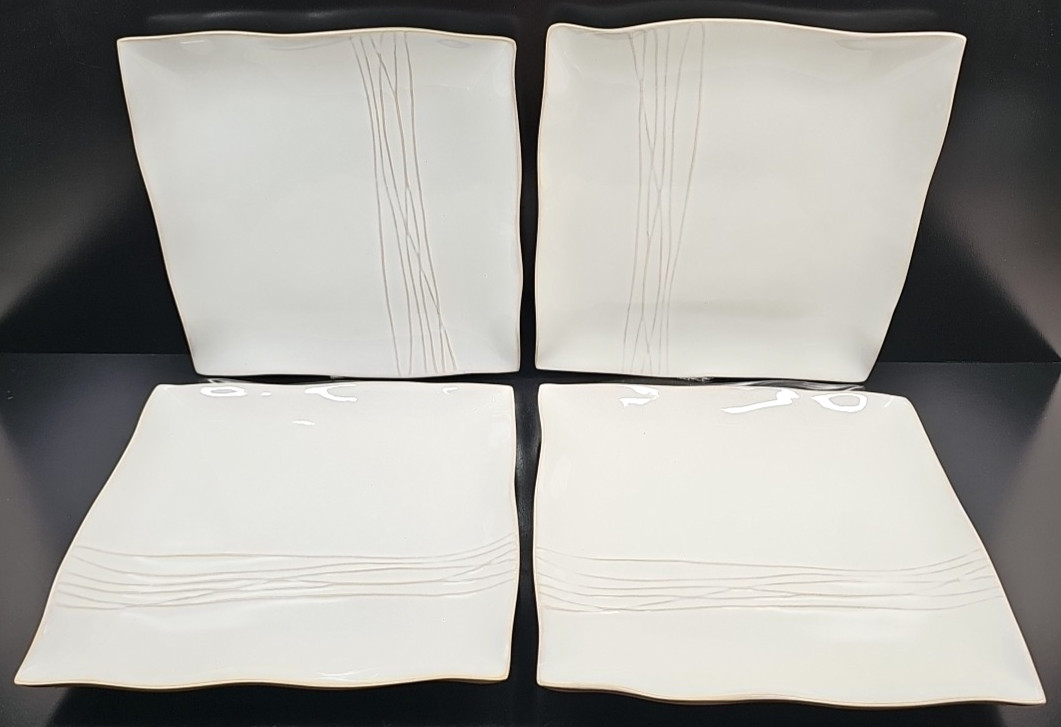 (4) Pier 1 Sakui Dinner Plates Set Square Emboss Elegant Dining Serving Dish Lot
