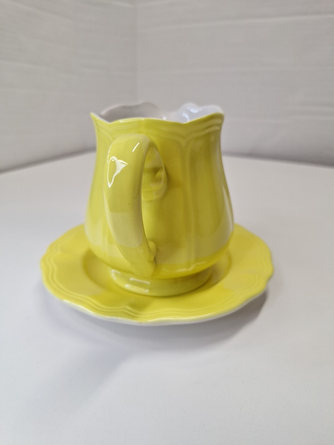 Ironstone Japan Yellow Ceramic Creamer Pitcher w Saucer Plate 4.5″H x 5.5″W