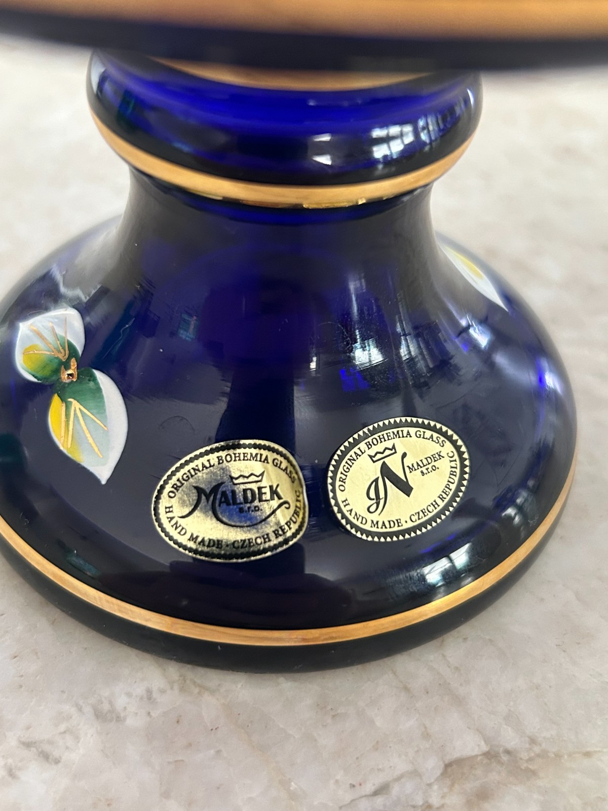 Maldek Bohemia Czech Cobalt Blue Glass Pedestal Bowl Hand Painted Gold Enamel