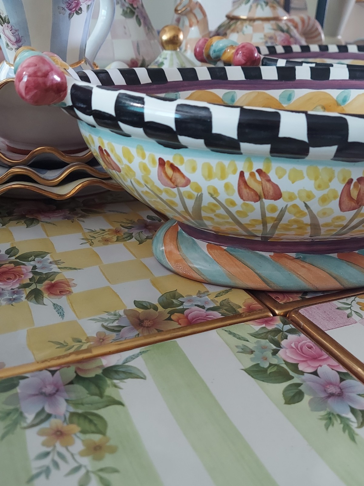 MacKenzie-Childs Taylor Odd Fellows Ceramic Footed Bowl With Courtly Check