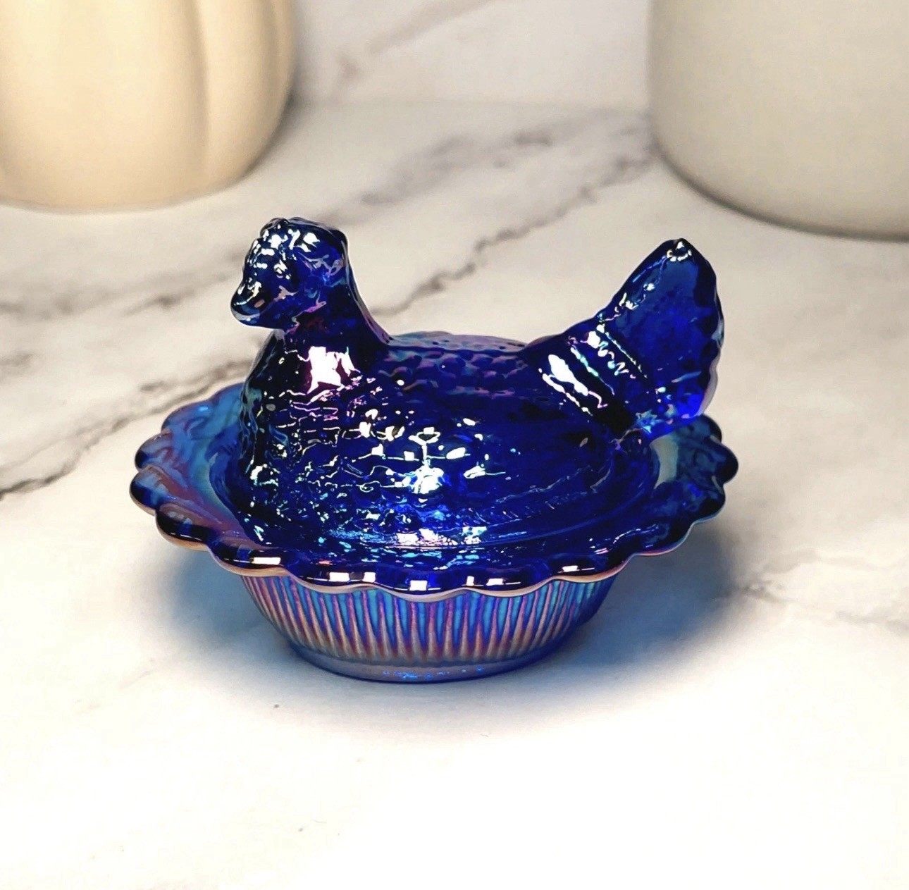 Mosser Cobalt Blue Carnival Glass Hen on Nest Salt Dish, Mini Chicken, VTG Style