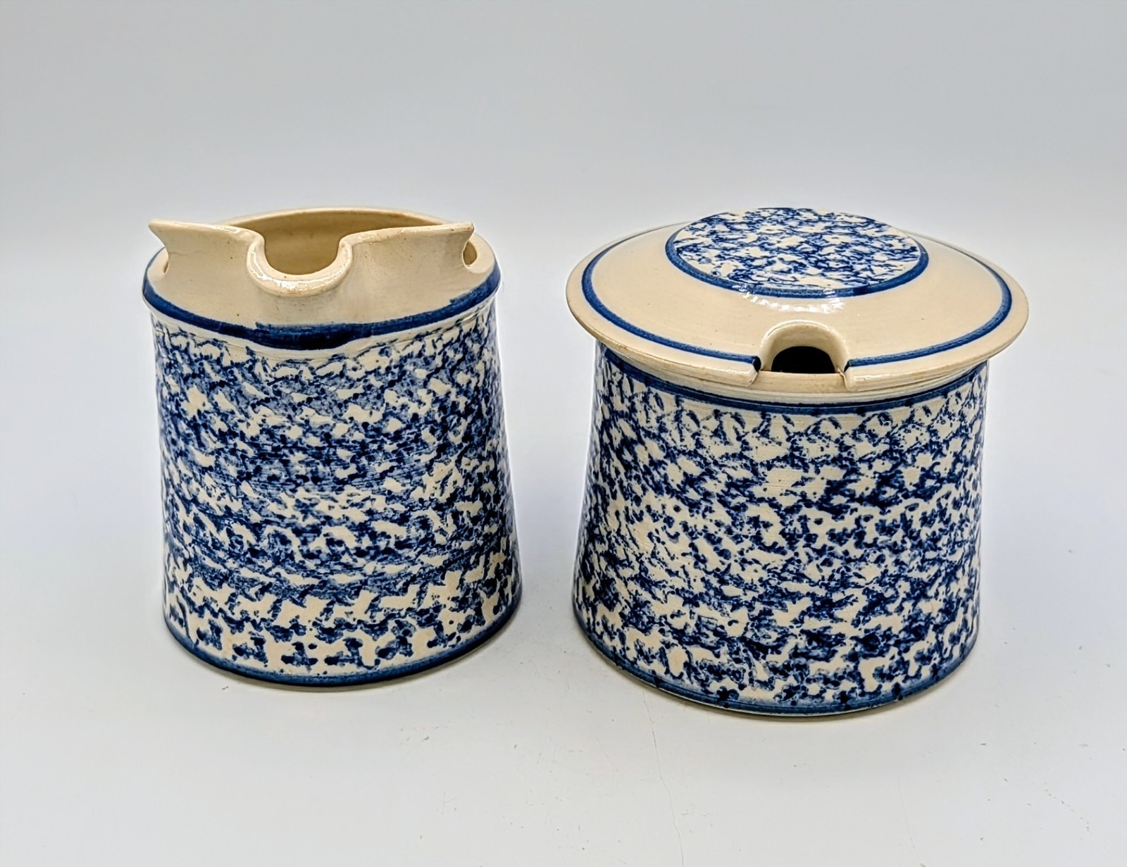 Signed Studio Pottery Blue Spongeware Creamer & Covered Sugar Bowl Stoneware
