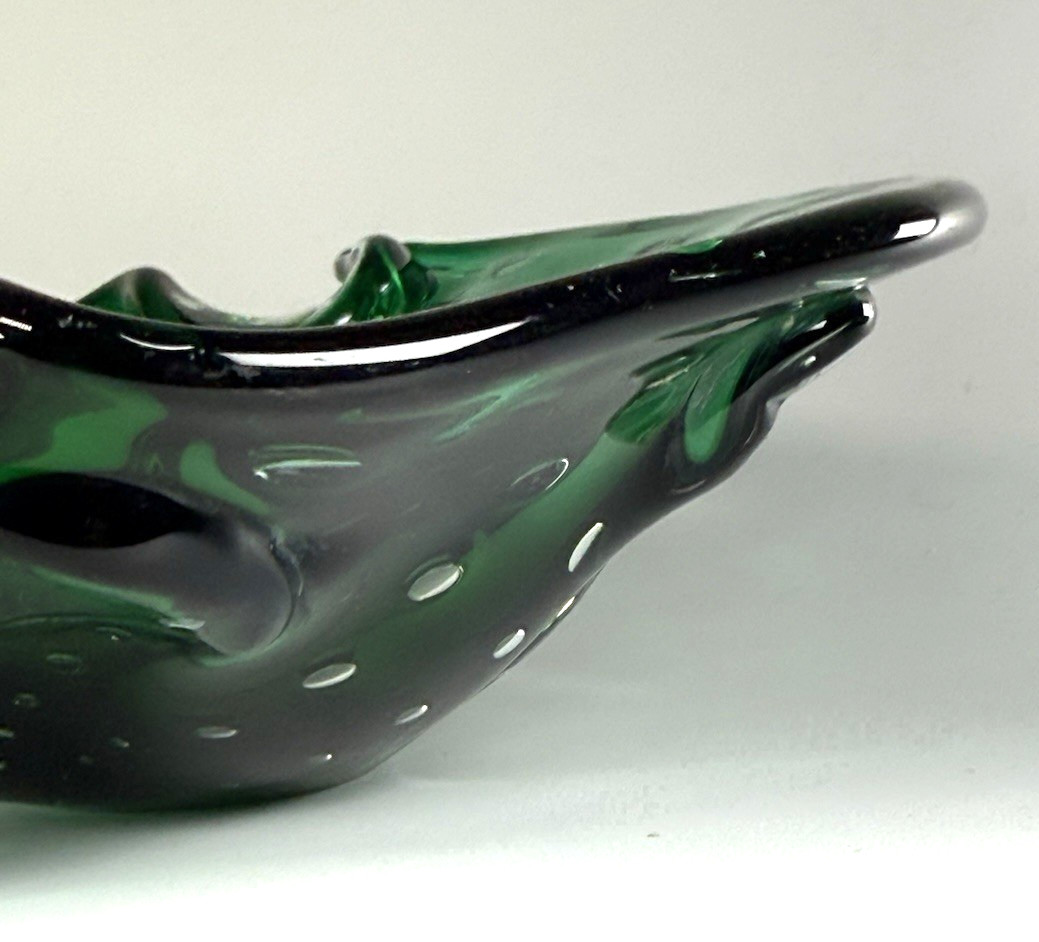 Hand Blown Controlled Bubble Dark Green Thick Glass Decor Bowl