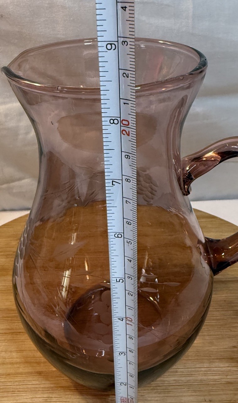 Vintage Amethyst Etched Grape Vine Glass Pitcher Applied Handle 8.5”