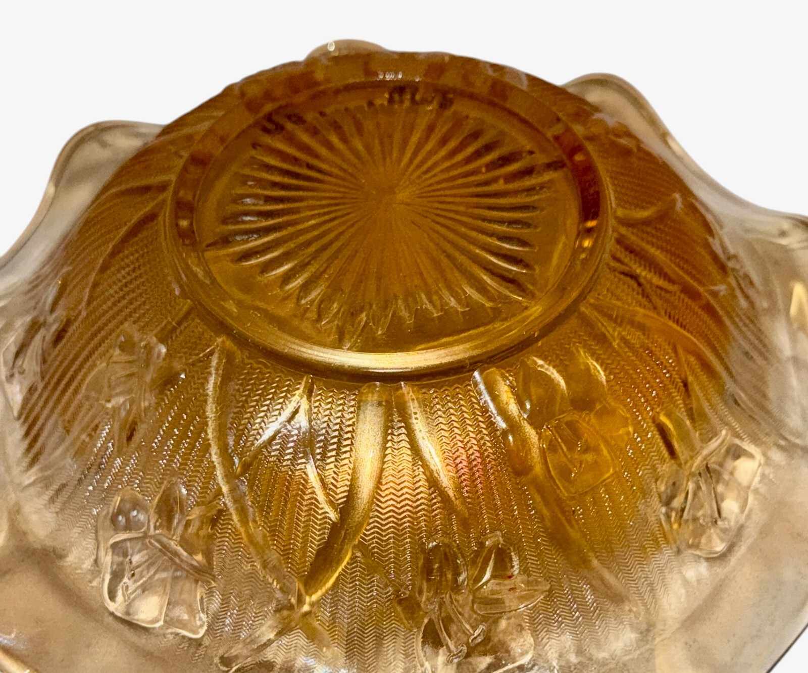 Jeanette Glass Iris and Herringbone Marigold Carnival Iridescent 9.5″ Bowl