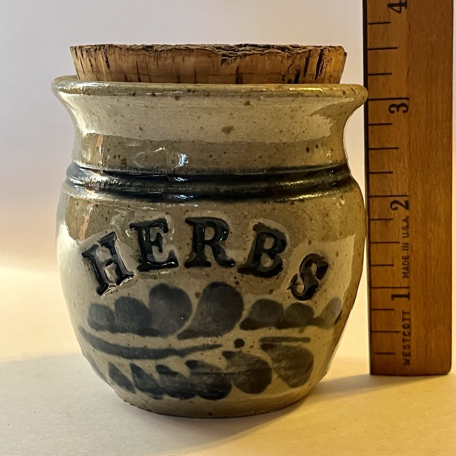 Westerwald Salt Glaze Stoneware HERBS Spice Jar w/ Cork Vintage Signed 3⅛” H- PA