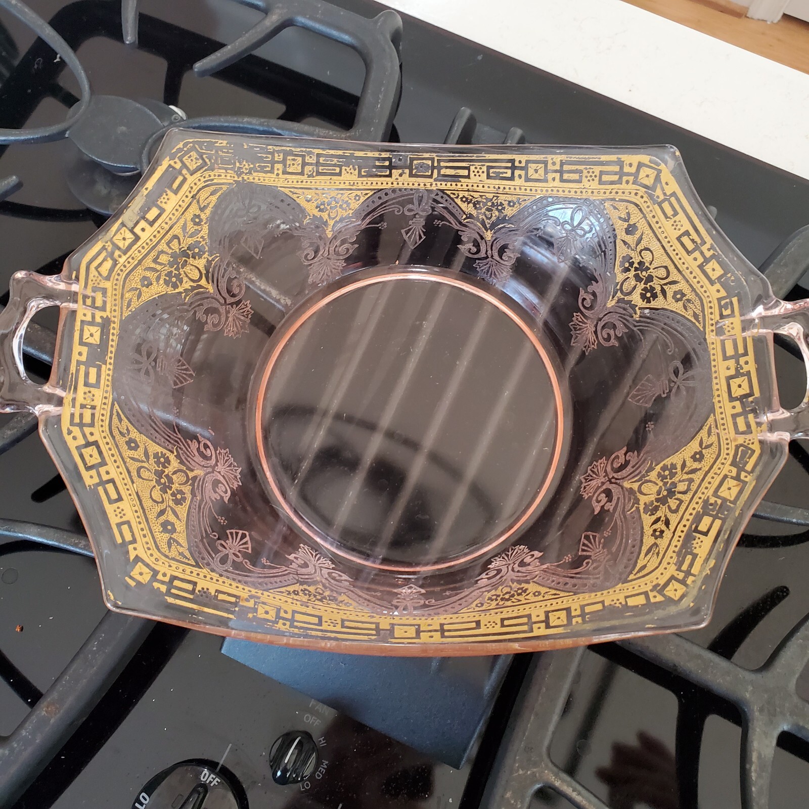 Elegant Pink Depression or Elegant Glass Hexagon Handled Etched Gilded Bowl