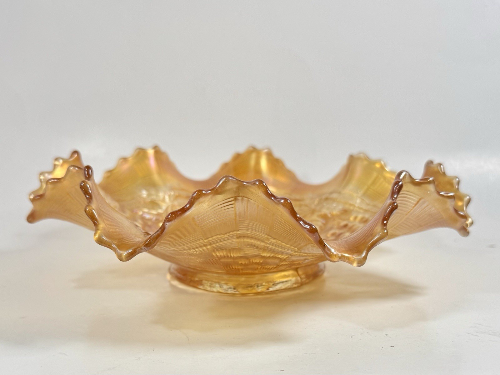 Northwood Bowl Carnival Glass Marigold Grape & Cable Ruffled Vintage 8.5”
