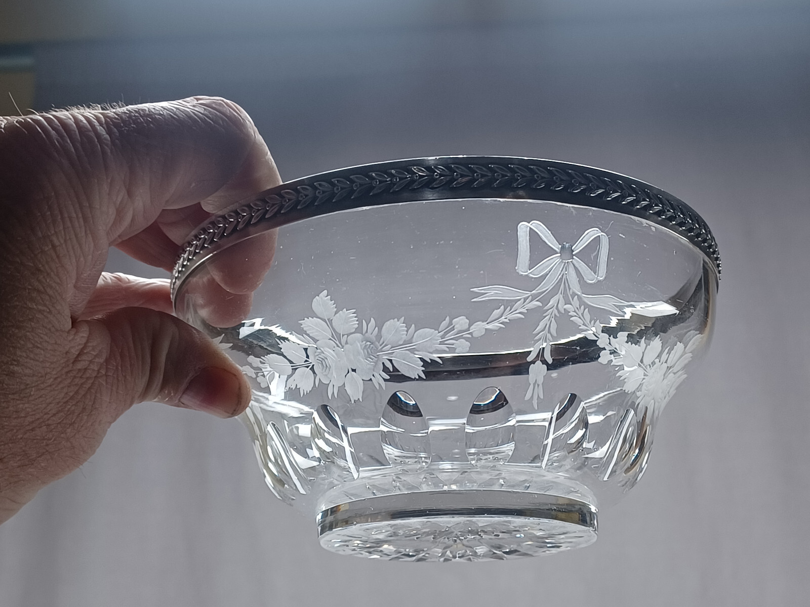 Emile Langlois Paris Engraved Rose Bows Glass Silver Rimmed Bowl & Under Plate