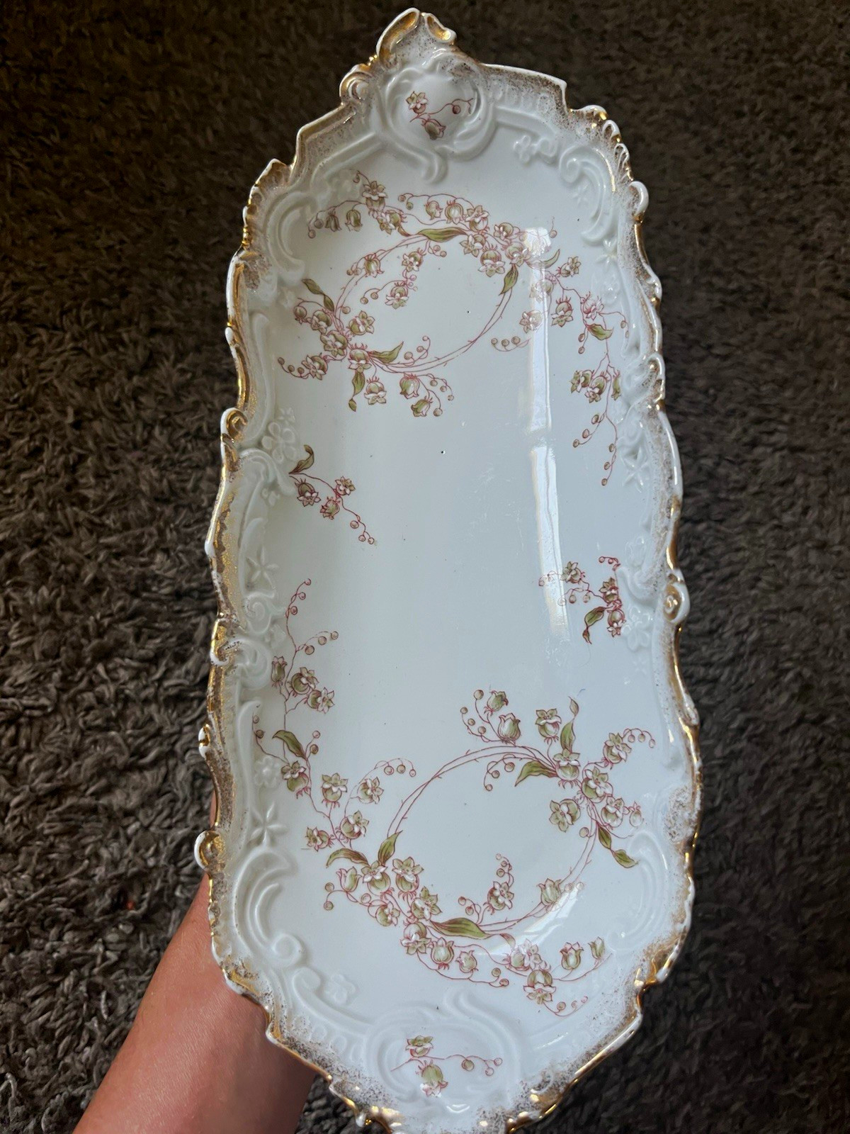 Antique Porcelain Floral Oval Platter 13 in White Pink Green Gold Trim pretty!
