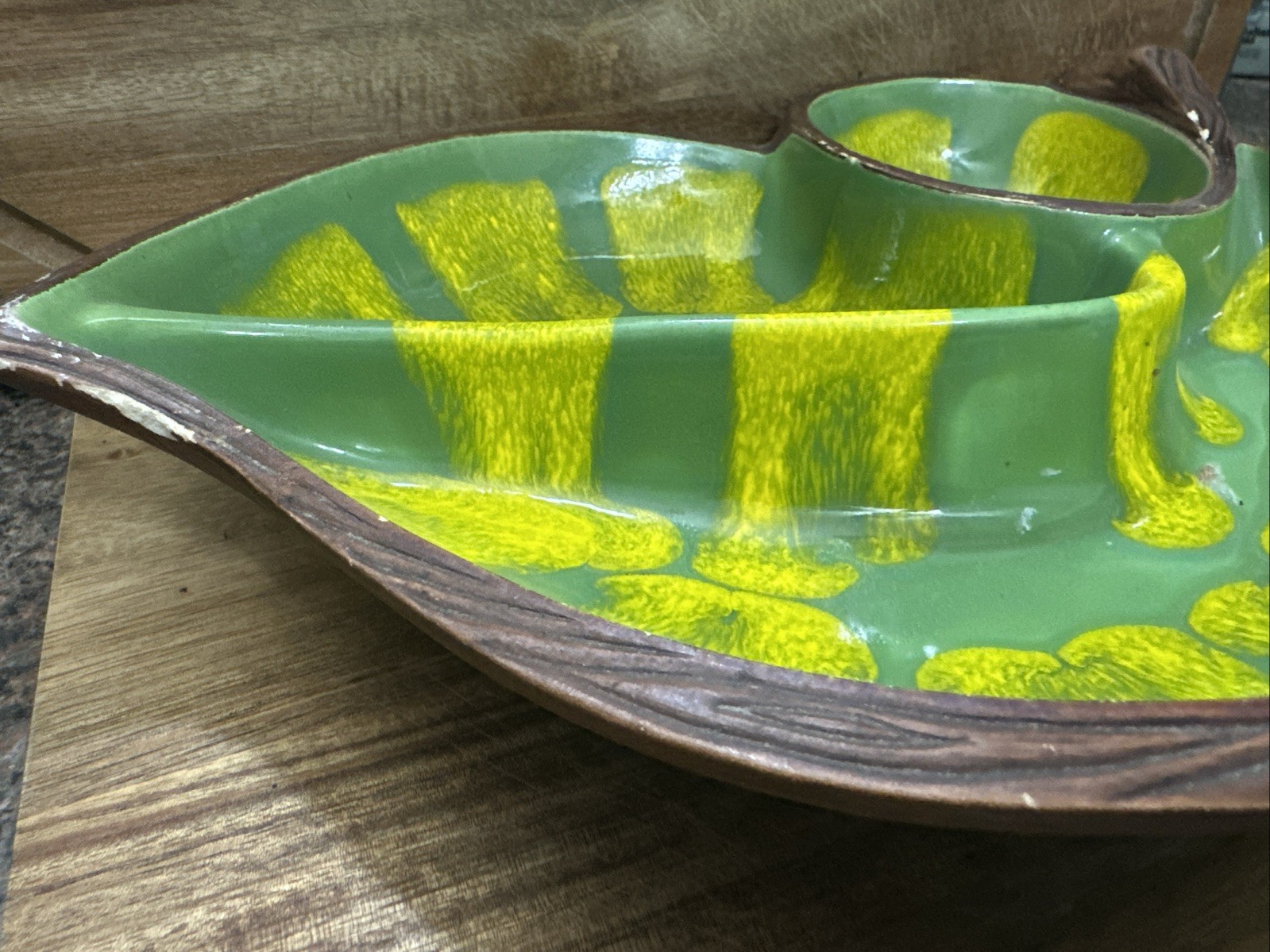 Vintage California Pottery #602 Sequoia Ware Yellow Green Drip Glaze Leaf Dish