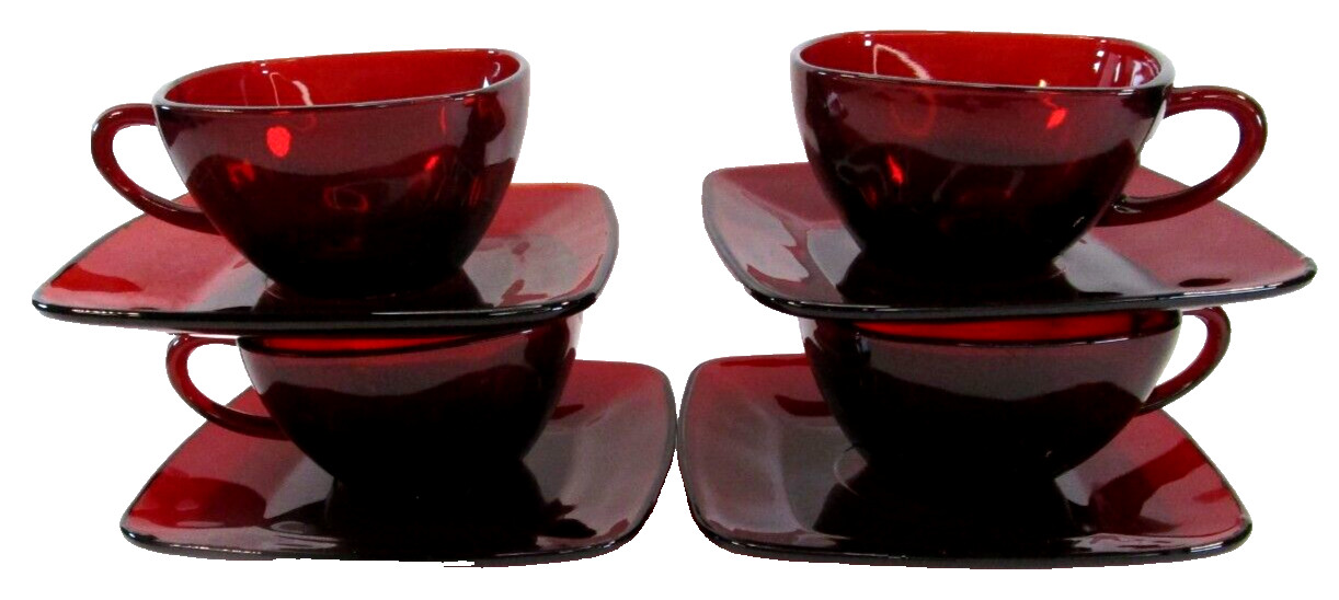 Anchor Hocking Royal Ruby Red Charm 4 Coffee Tea Cups W 4 Saucers 1950-1959 6 oz