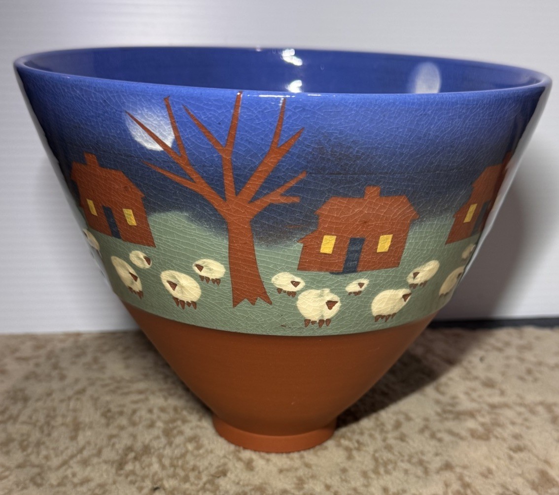 FOLK ART VILLAGE SCENE WITH SHEEP TALL BOWL ARTIST SIGNED VAUGHAN L SMITH 1988