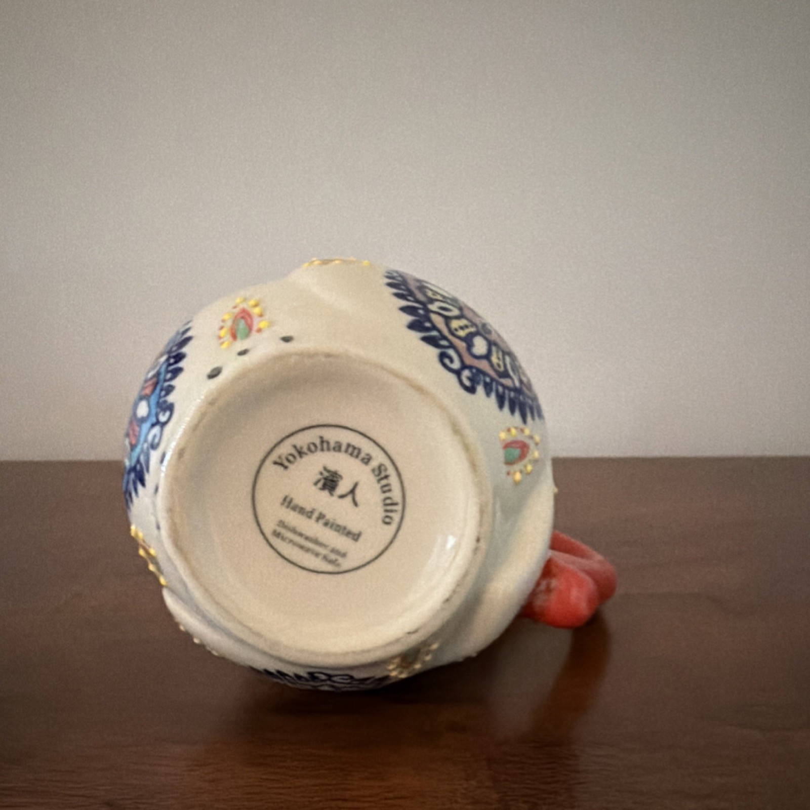 Yokohama Studio Hand Painted Ceramic Figural Owl Mug Red Handle White Blue
