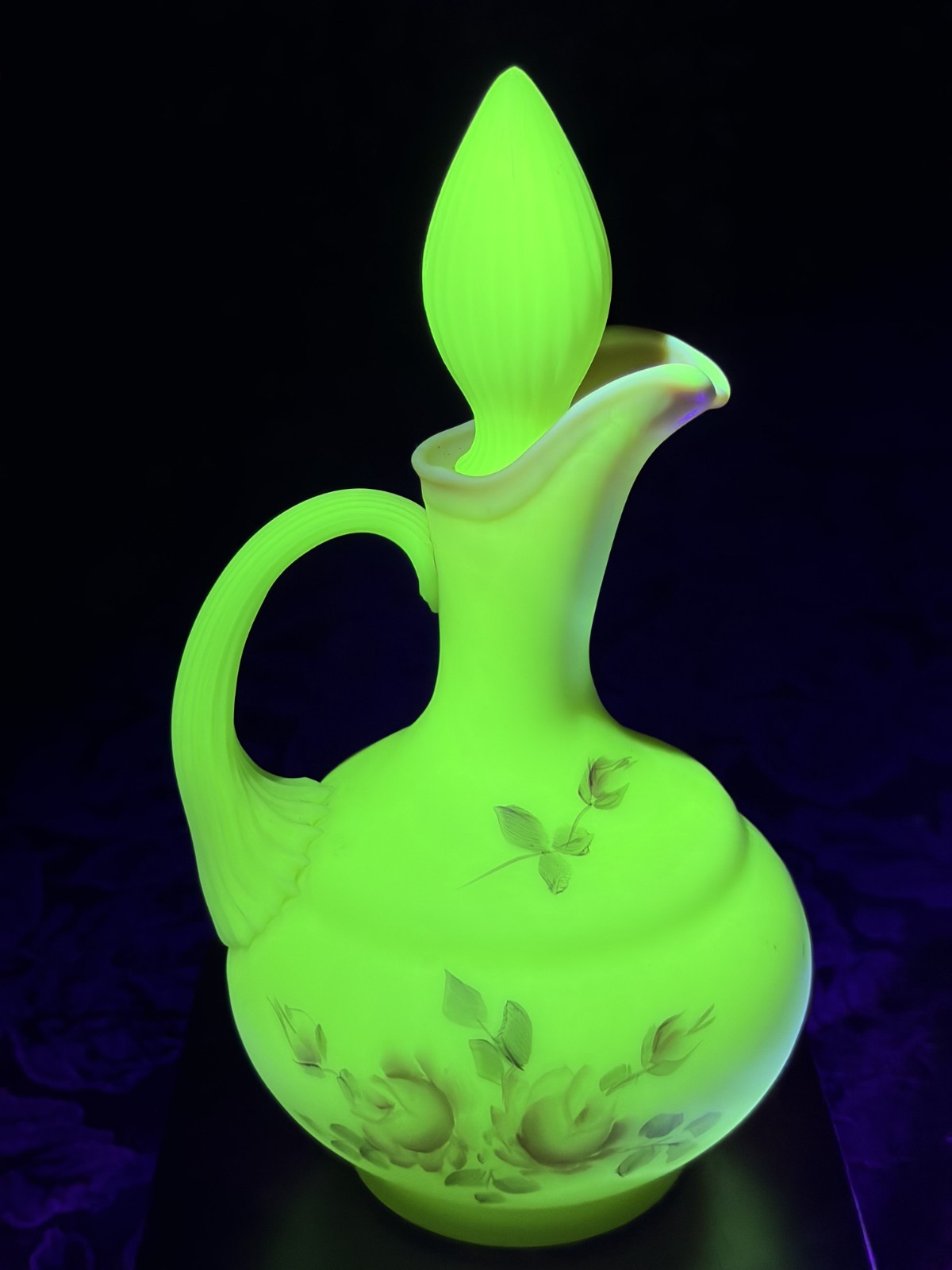 Vintage Fenton Burmese Satin Glass Cruet Stopper Hand Painted Roses UV Glow