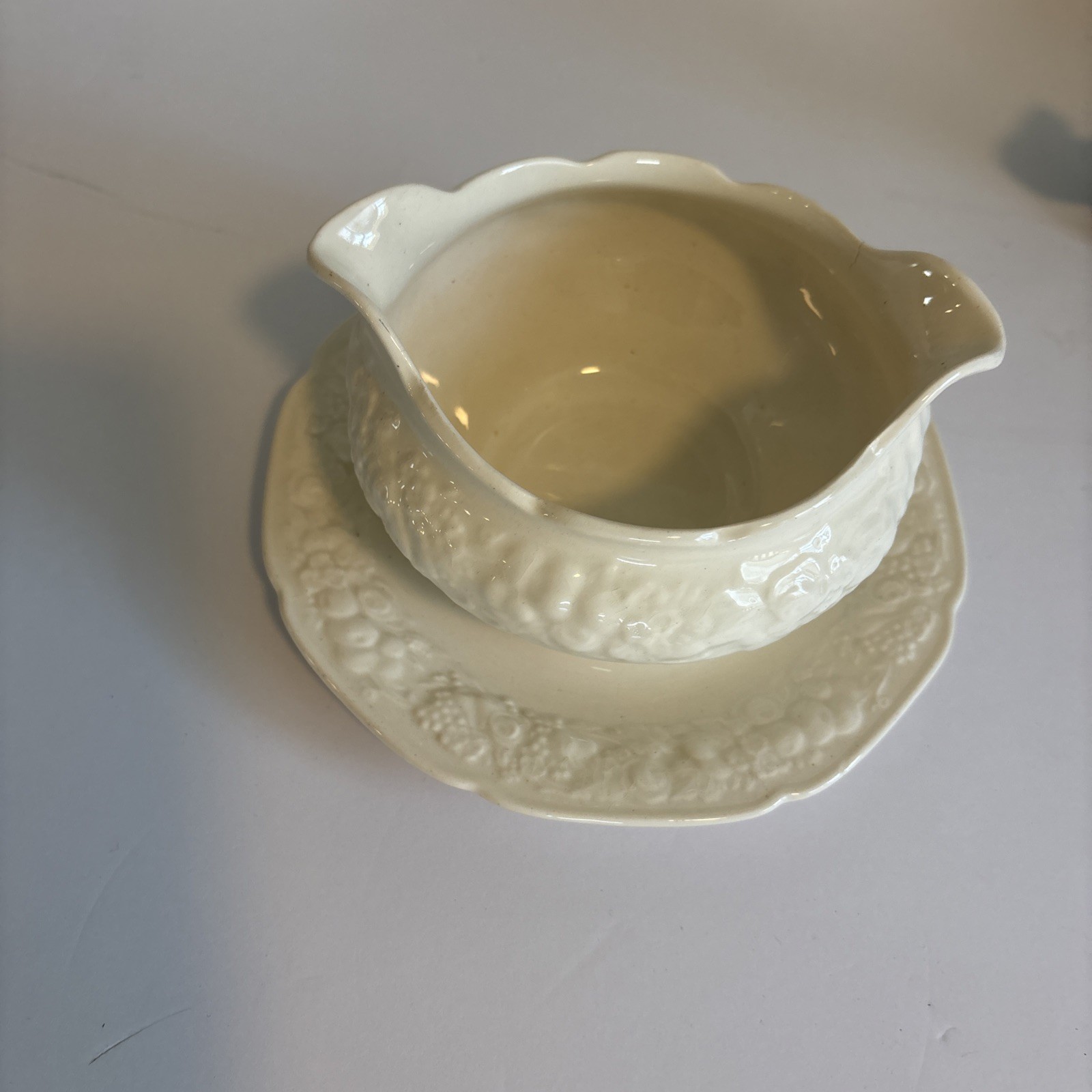 Crown Ducal Florentine Ivory Colored Gravy Boat with Attached Underplate