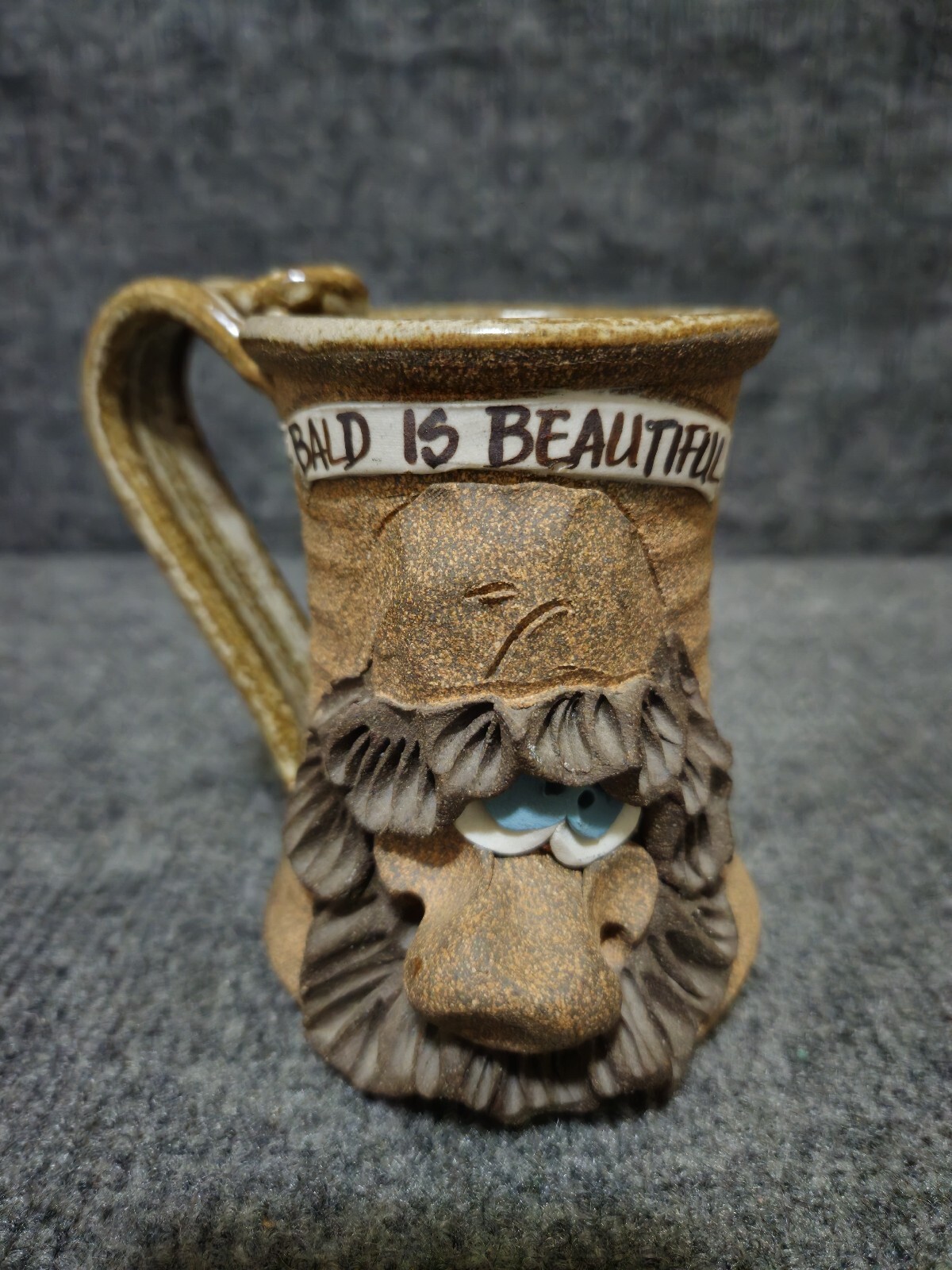 Vintage 3D Ugly Funny Pottery Mug Stoneware BALD IS BEAUTIFUL