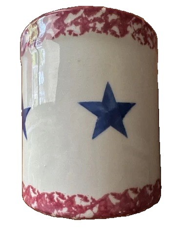 Gerald E. Henn Red Spongeware Crock Cream Blue Stars Roseville Ohio 4.25″ T