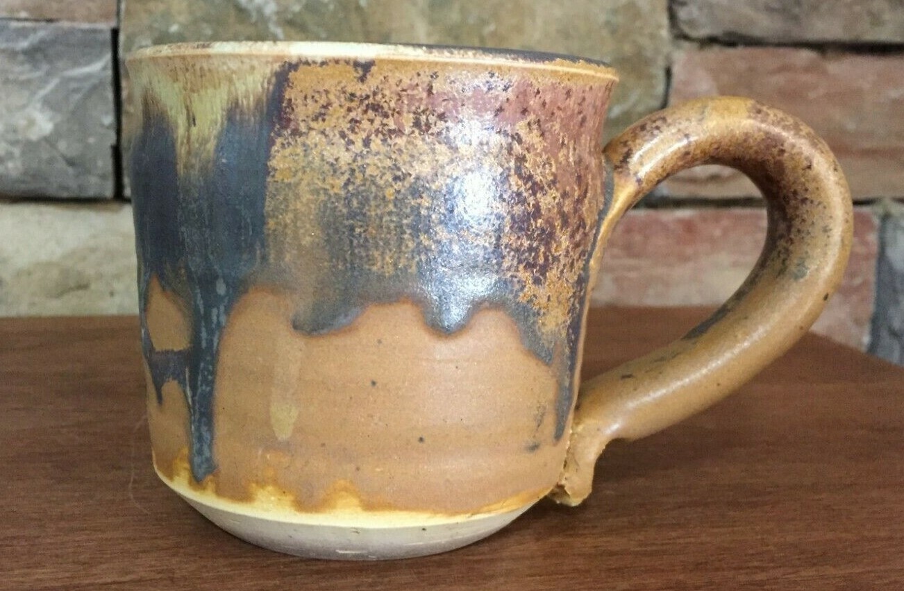 Hand Spun~Pottery~3½” Coffee Mug~Drip Glazed~Signed