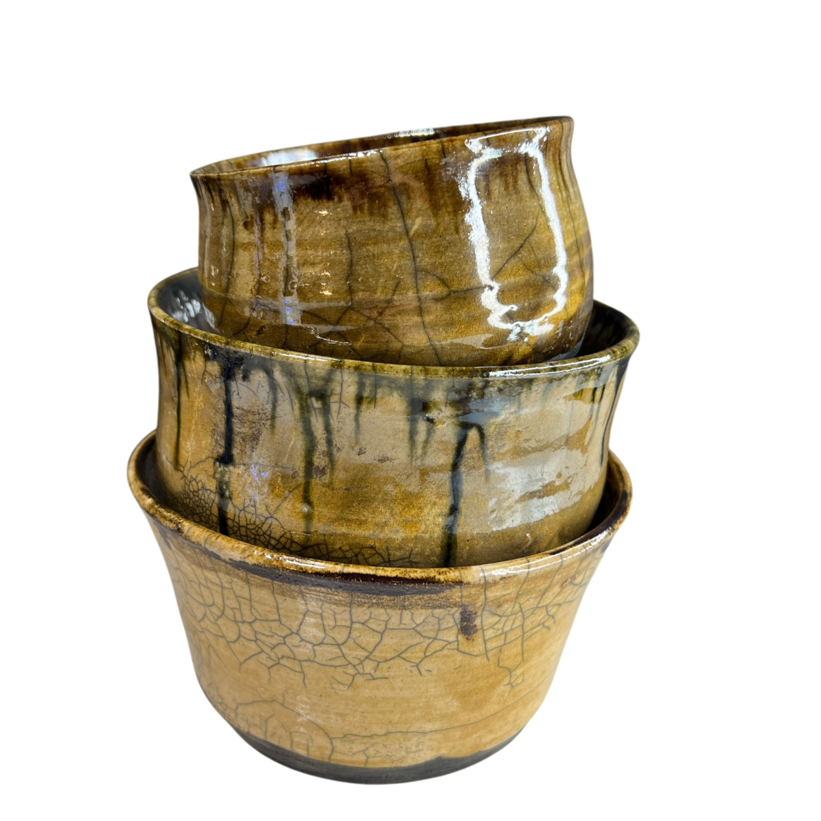 Handmade Studio Pottery Bowl Set 3 Signed Alyce Drip Glaze Ceramic