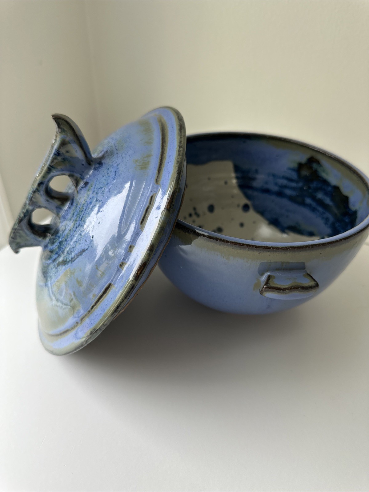 Vintage Studio Pottery Covered Bowl Blue Glaze Handmade Ceramic Dish