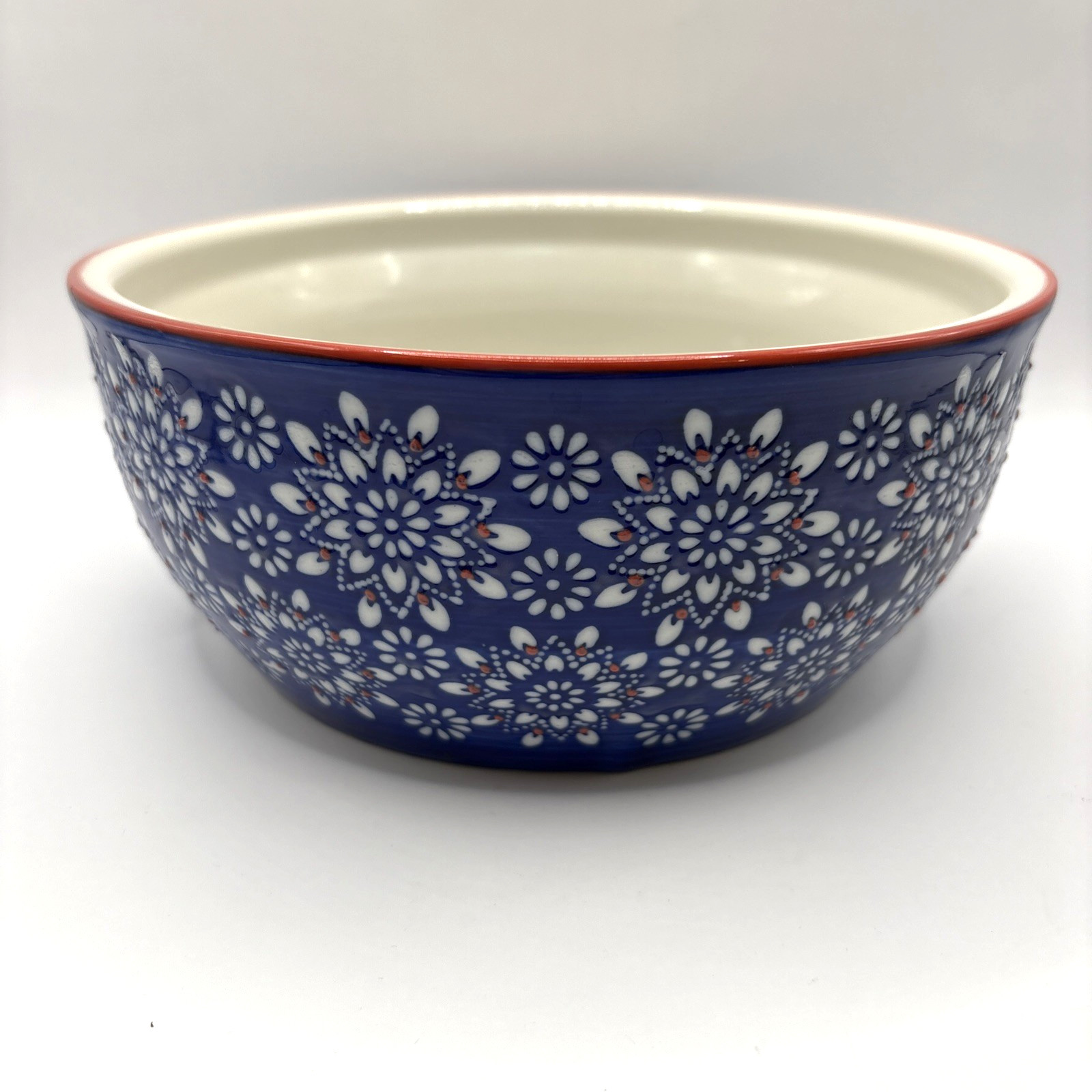 VTG Yokohama Studio Blue White Red Floral Hand Painted Ceramic Bowl 7″ x 3″
