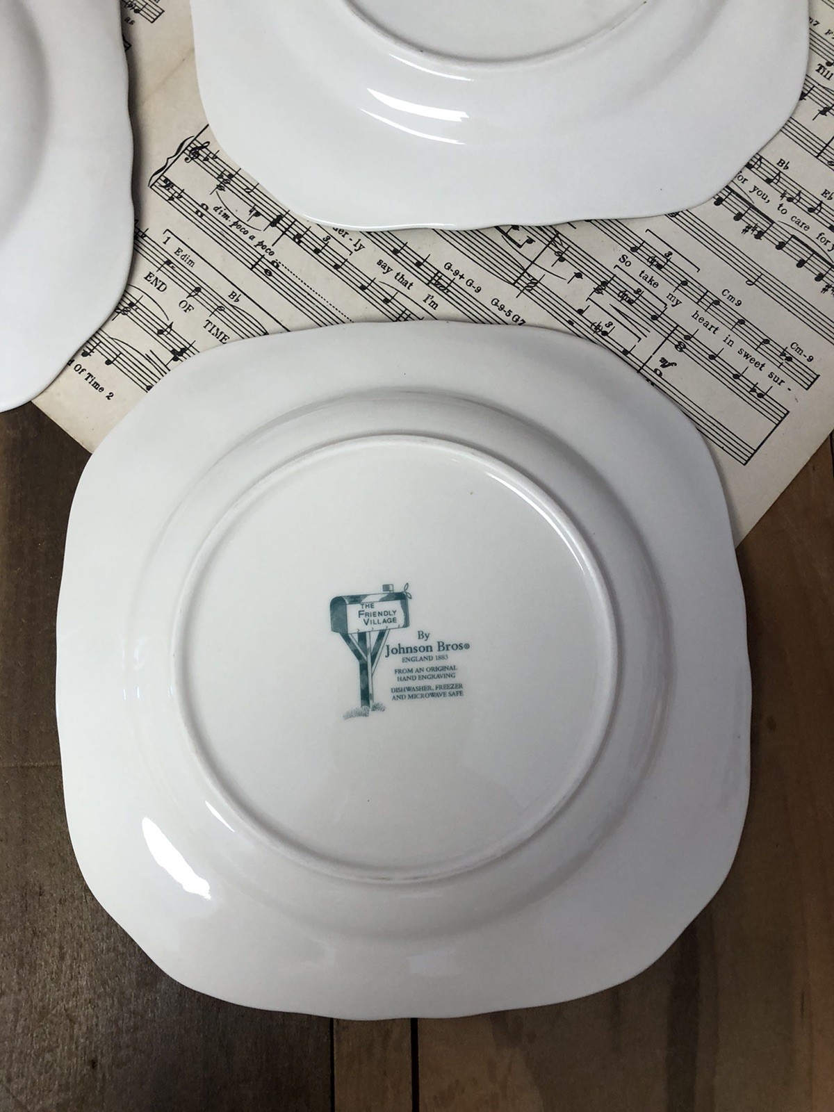 Johnson Bros The Friendly Village 4 Square Salad Plates 7.5″ Covered Bridge 1883